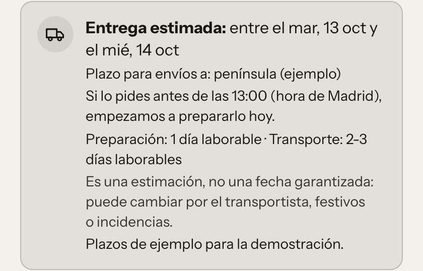 Captura de la sección de fecha de entrega estimada con los plazos de ejemplo