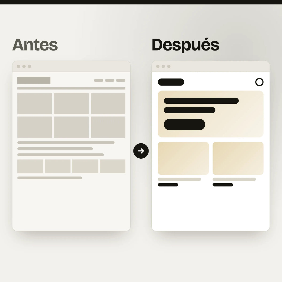 Ilustración de la misma tienda antes y después, lado a lado: a la izquierda el diseño antiguo, apretado y gris, y a la derecha el tema nuevo, limpio y ordenado.