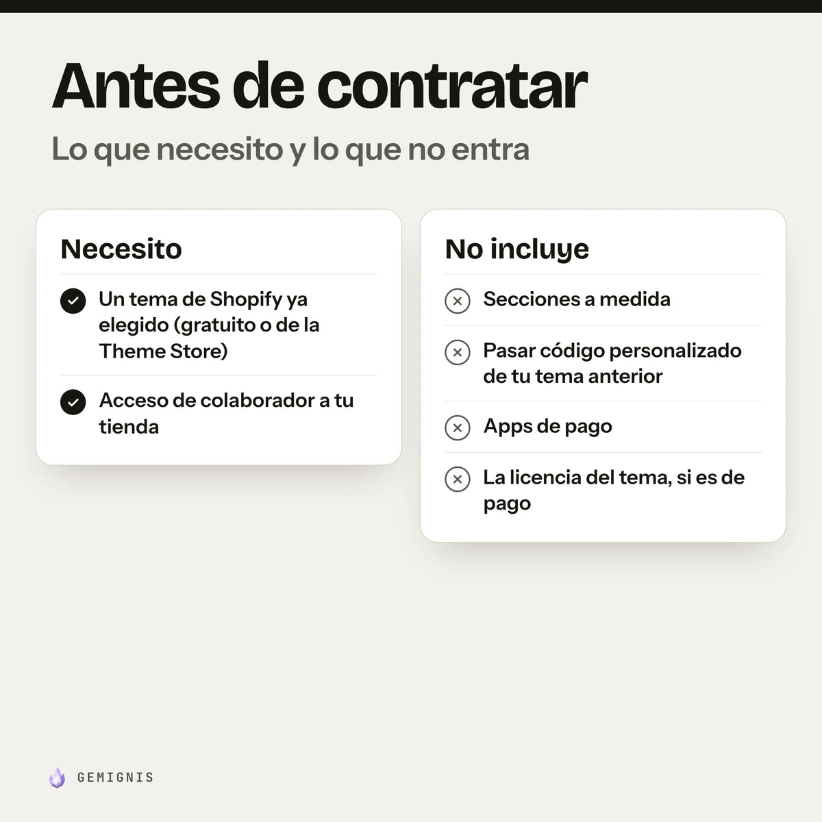 Antes de contratar «Cambio de tema en 2 días». Necesito: un tema de Shopify ya elegido (gratuito o de la Theme Store); acceso de colaborador a tu tienda. No incluye: secciones a medida; pasar código personalizado de tu tema anterior; apps de pago; la licencia del tema, si es de pago.