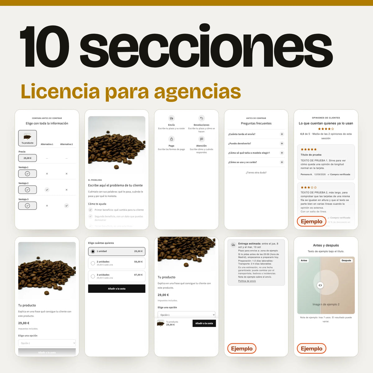 «10 secciones», «Licencia para agencias» y un mosaico con las 10 en el móvil: tabla comparativa, problema y solución, envíos, devoluciones y garantía, preguntas frecuentes, reseñas, cabecera de producto, packs por cantidad, barra de compra fija, fecha de entrega estimada y antes y después. 7 son capturas reales en Dawn; las 3 marcadas «Ejemplo» llevan datos inventados del banco de pruebas.
