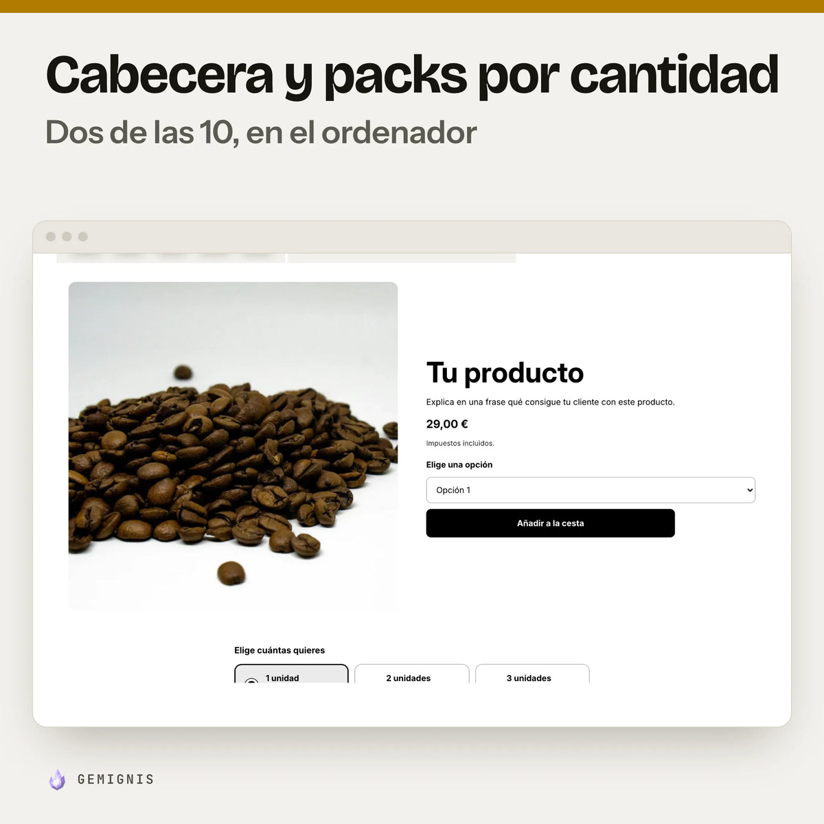 Página de producto en el ordenador con dos de las 10 secciones del pack, la cabecera de producto y los packs por cantidad: captura real en el tema Horizon, con foto y textos de ejemplo.