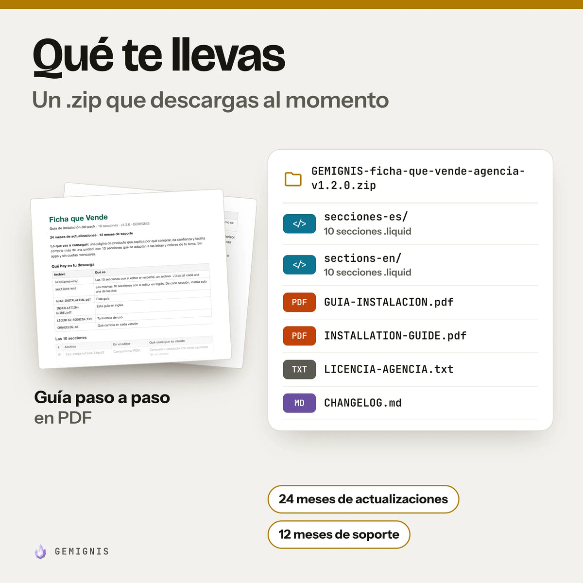 Qué te llevas con pack de 10 secciones para agencias: un .zip que descargas al momento con secciones-es/ (10 secciones .liquid), sections-en/ (10 secciones .liquid), GUIA-INSTALACION.pdf, INSTALLATION-GUIDE.pdf, LICENCIA-AGENCIA.txt, CHANGELOG.md; delante, la portada real de la guía de instalación en PDF. 24 meses de actualizaciones y 12 meses de soporte.