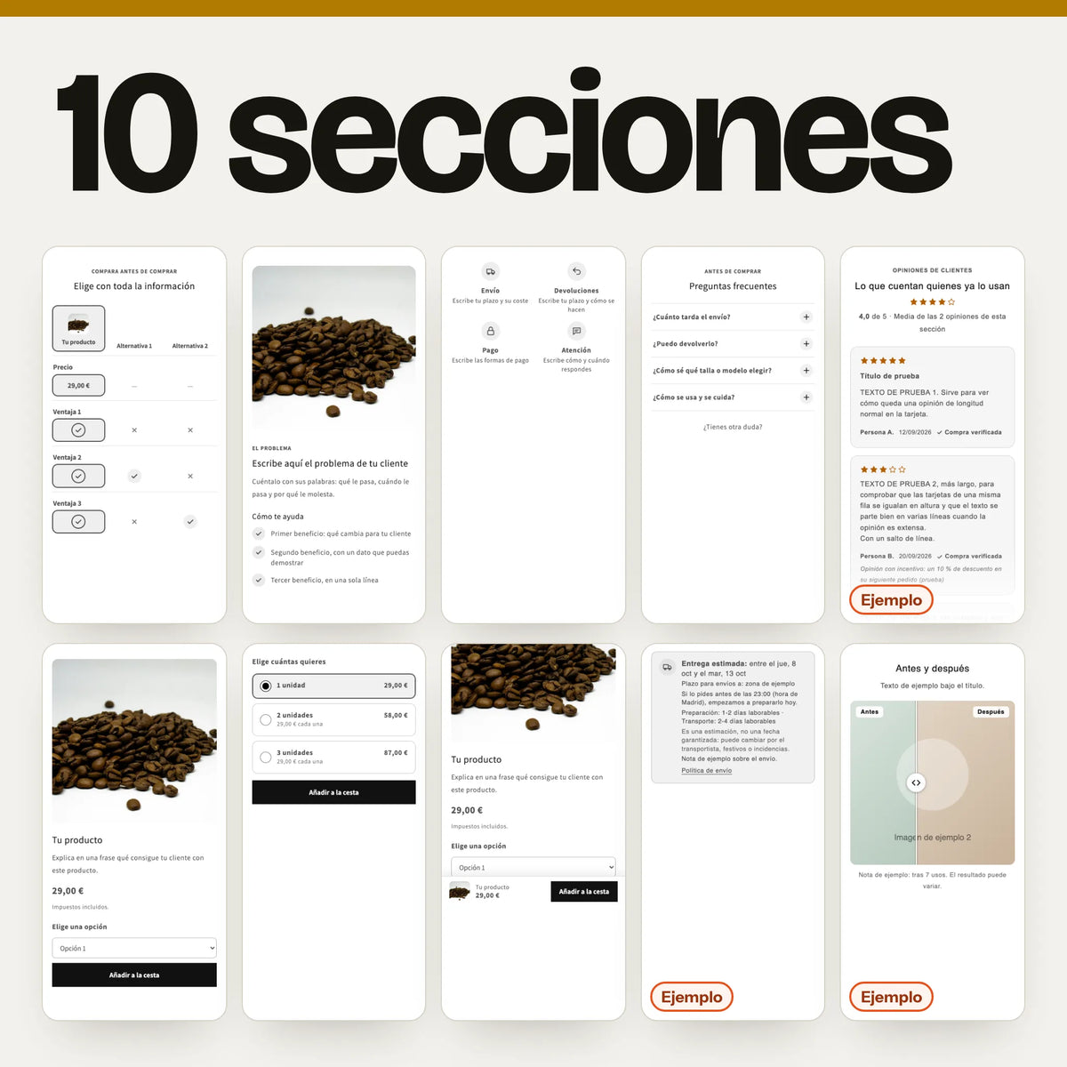 «10 secciones» y un mosaico con las 10 en el móvil: tabla comparativa, problema y solución, envíos, devoluciones y garantía, preguntas frecuentes, reseñas, cabecera de producto, packs por cantidad, barra de compra fija, fecha de entrega estimada y antes y después. 7 son capturas reales en Dawn; las 3 marcadas «Ejemplo» llevan datos inventados del banco de pruebas.