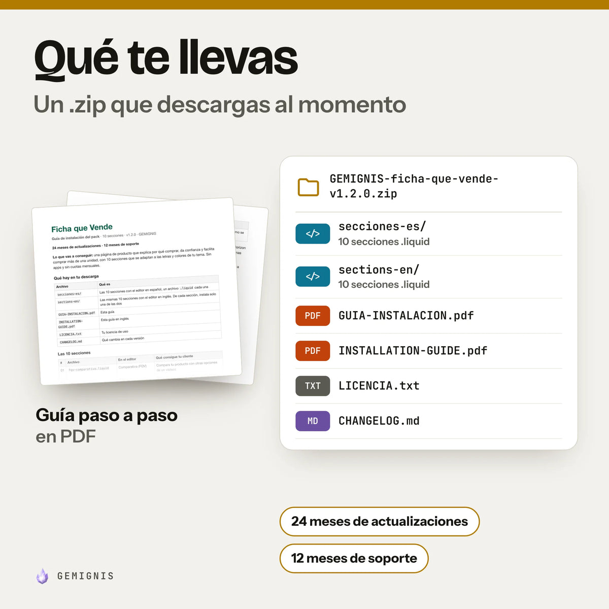 Qué te llevas con pack de 10 secciones para tu página de producto: un .zip que descargas al momento con secciones-es/ (10 secciones .liquid), sections-en/ (10 secciones .liquid), GUIA-INSTALACION.pdf, INSTALLATION-GUIDE.pdf, LICENCIA.txt, CHANGELOG.md; delante, la portada real de la guía de instalación en PDF. 24 meses de actualizaciones y 12 meses de soporte.