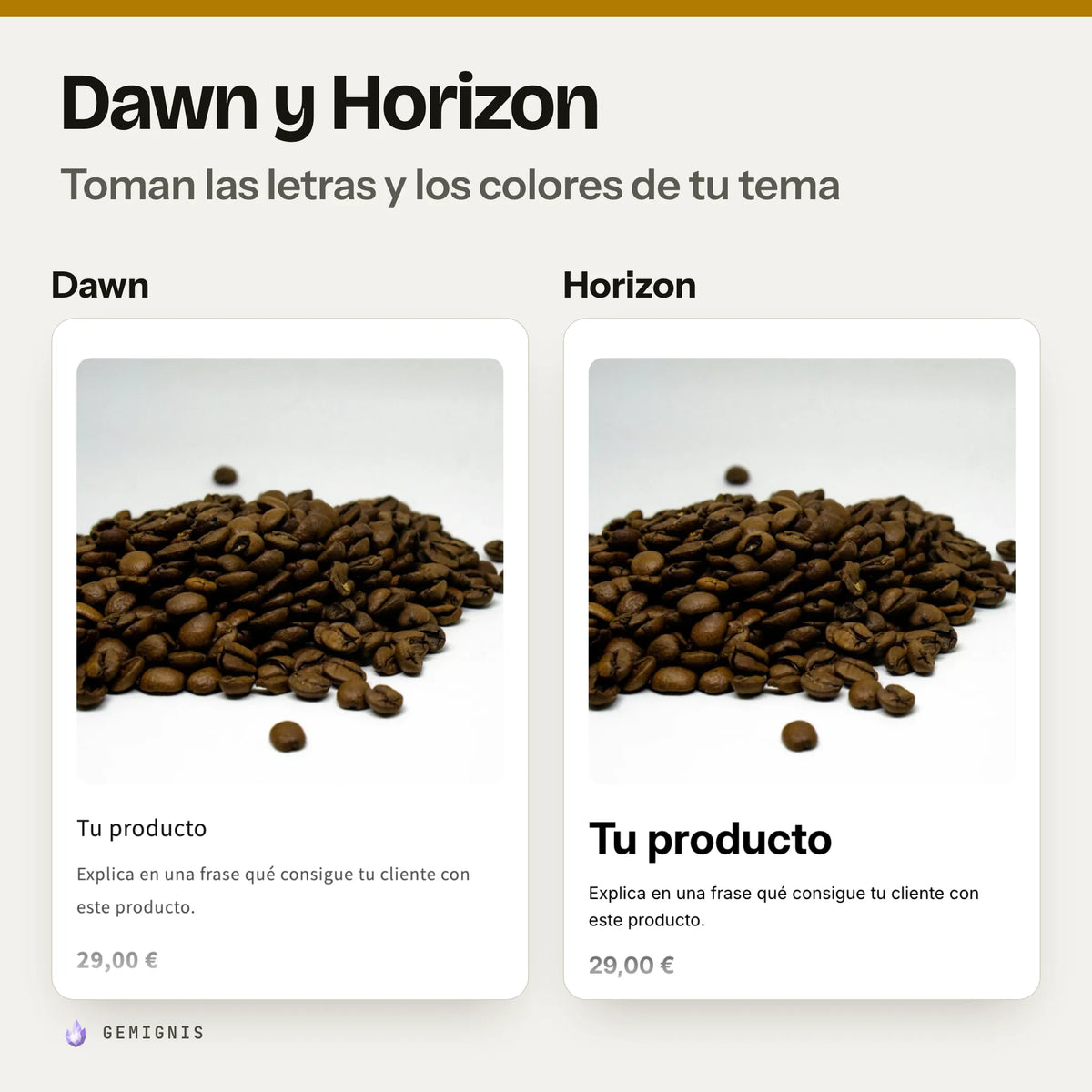 La Cabecera de producto del pack en los temas Dawn y Horizon, una al lado de la otra: capturas reales en móvil, con foto y textos de ejemplo.