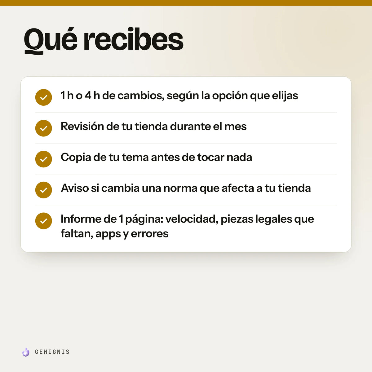 Qué recibes con «Mantenimiento de tu tienda (1 mes)»: 1 h o 4 h de cambios, según la opción que elijas; revisión de tu tienda durante el mes; copia de tu tema antes de tocar nada; aviso si cambia una norma que afecta a tu tienda; informe de 1 página: velocidad, piezas legales que faltan, apps y errores.