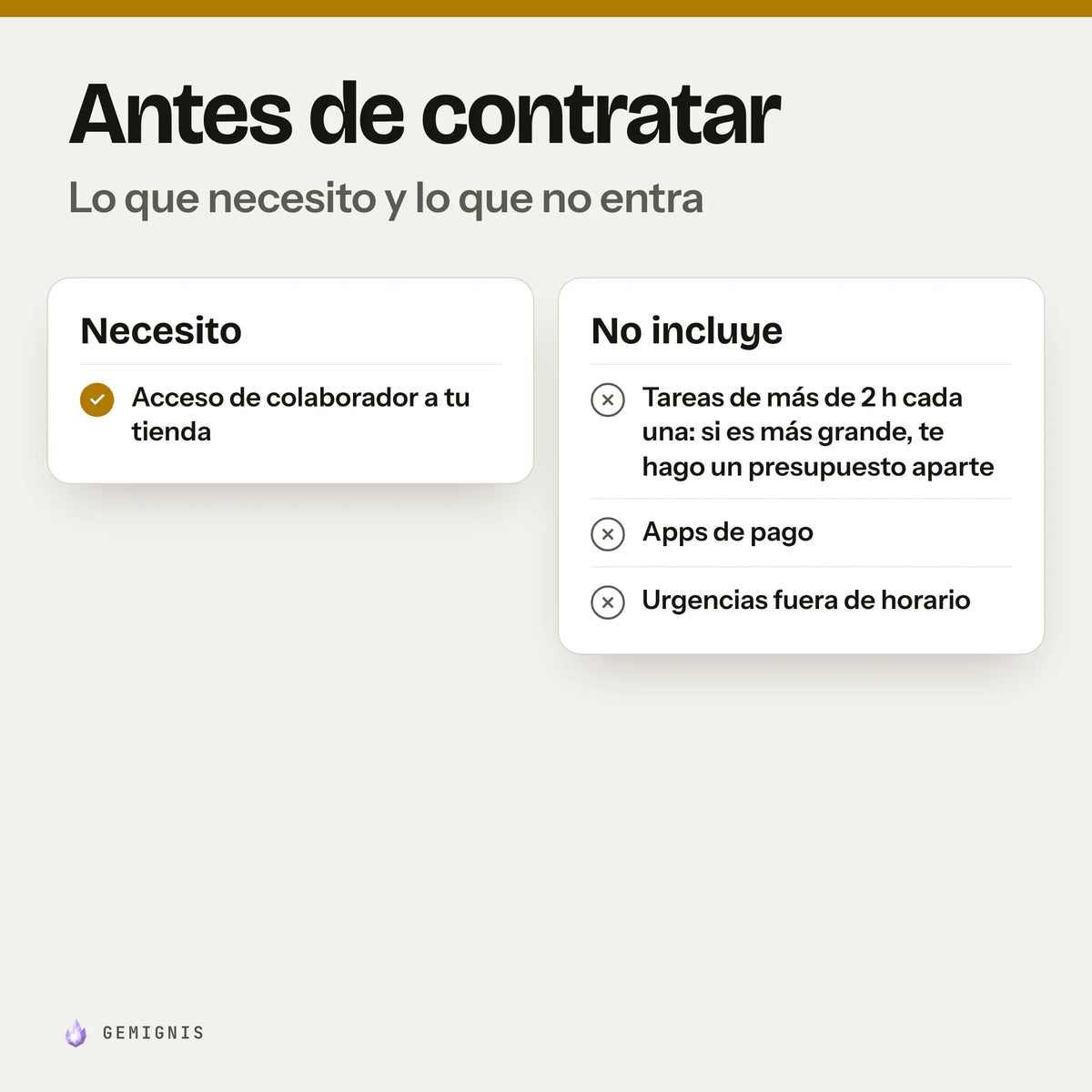 Antes de contratar «Mantenimiento de tu tienda (1 mes)». Necesito: acceso de colaborador a tu tienda. No incluye: tareas de más de 2 h cada una: si es más grande, te hago un presupuesto aparte; apps de pago; urgencias fuera de horario.