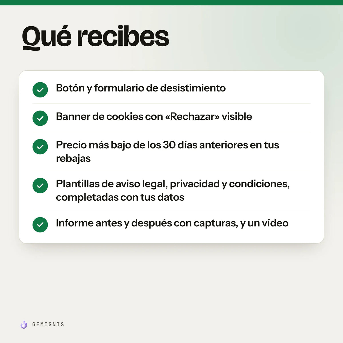 Qué recibes con «Páginas y herramientas legales para tu tienda»: botón y formulario de desistimiento; banner de cookies con «Rechazar» visible; precio más bajo de los 30 días anteriores en tus rebajas; plantillas de aviso legal, privacidad y condiciones, completadas con tus datos; informe antes y después con capturas, y un vídeo.