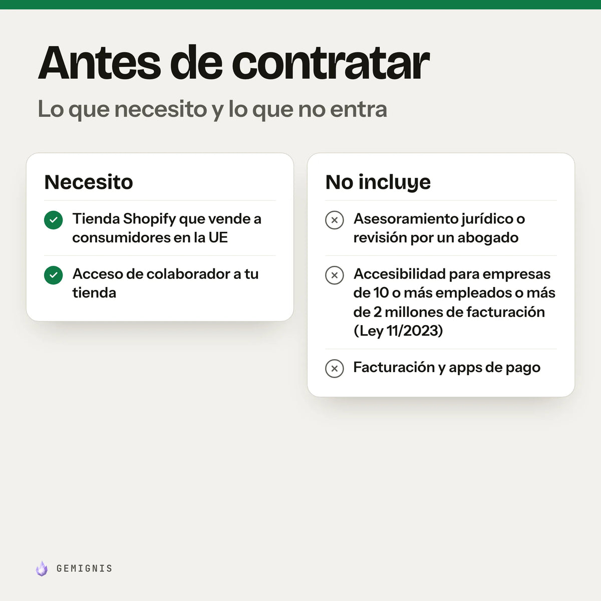 Antes de contratar «Páginas y herramientas legales para tu tienda». Necesito: tienda Shopify que vende a consumidores en la UE; acceso de colaborador a tu tienda. No incluye: asesoramiento jurídico o revisión por un abogado; accesibilidad para empresas de 10 o más empleados o más de 2 millones de facturación (Ley 11/2023); facturación y apps de pago.