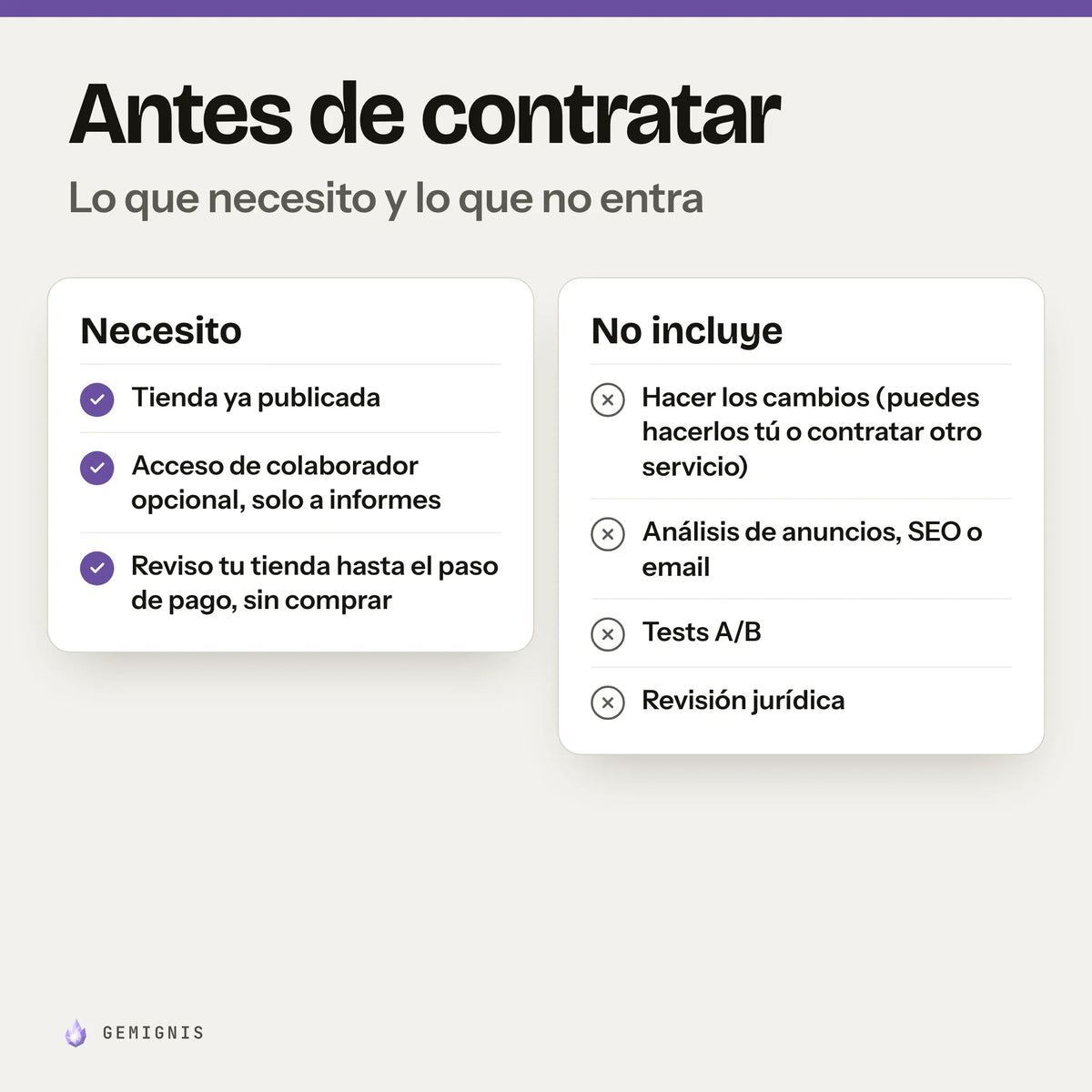 Antes de contratar «Revisión de tu tienda en vídeo». Necesito: tienda ya publicada; acceso de colaborador opcional, solo a informes; reviso tu tienda hasta el paso de pago, sin comprar. No incluye: hacer los cambios (puedes hacerlos tú o contratar otro servicio); análisis de anuncios, SEO o email; tests A/B; revisión jurídica.