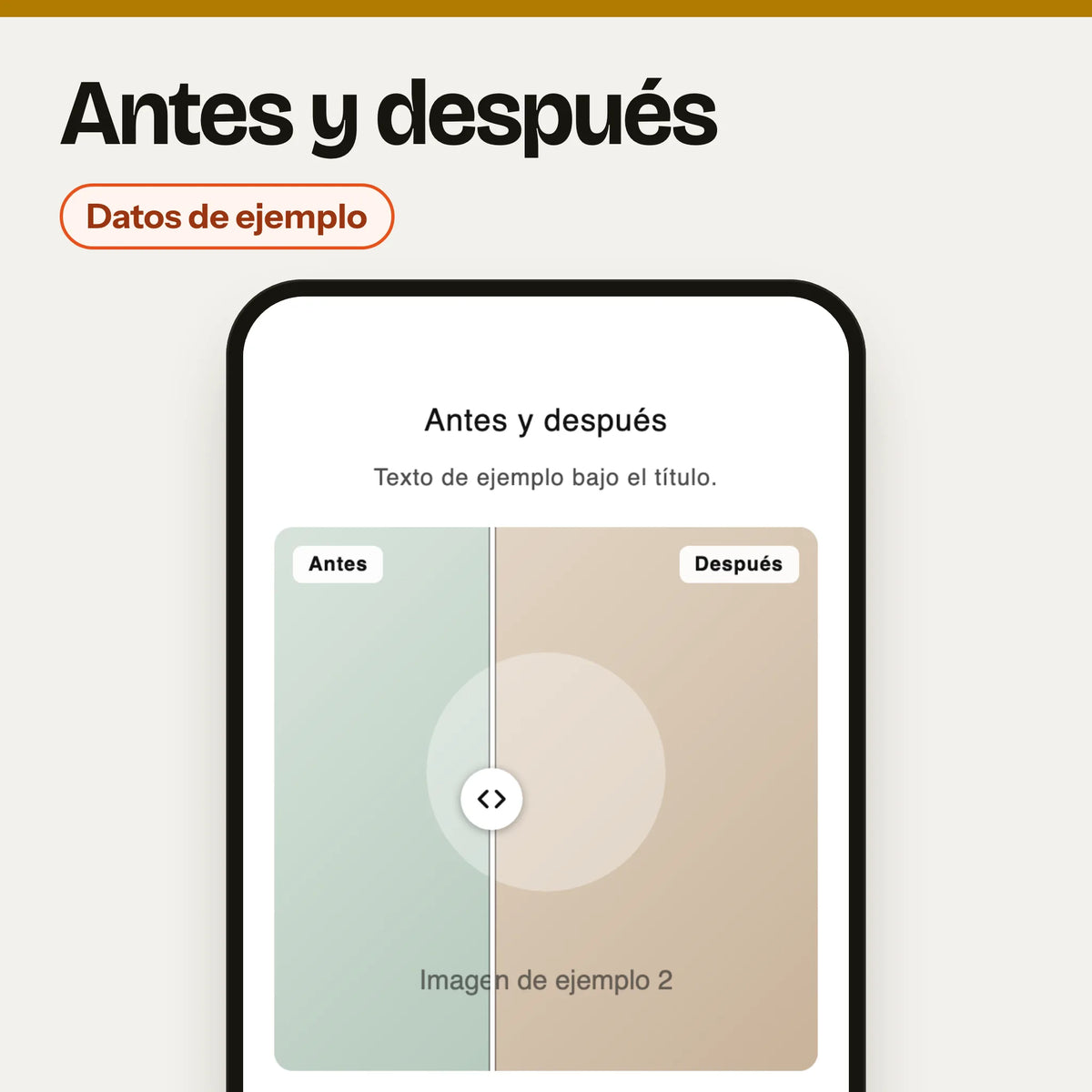 Sección antes y después en un móvil, con la etiqueta «Datos de ejemplo»: captura del banco de pruebas (estilos de Dawn) con datos inventados, no de una tienda real; undefined.