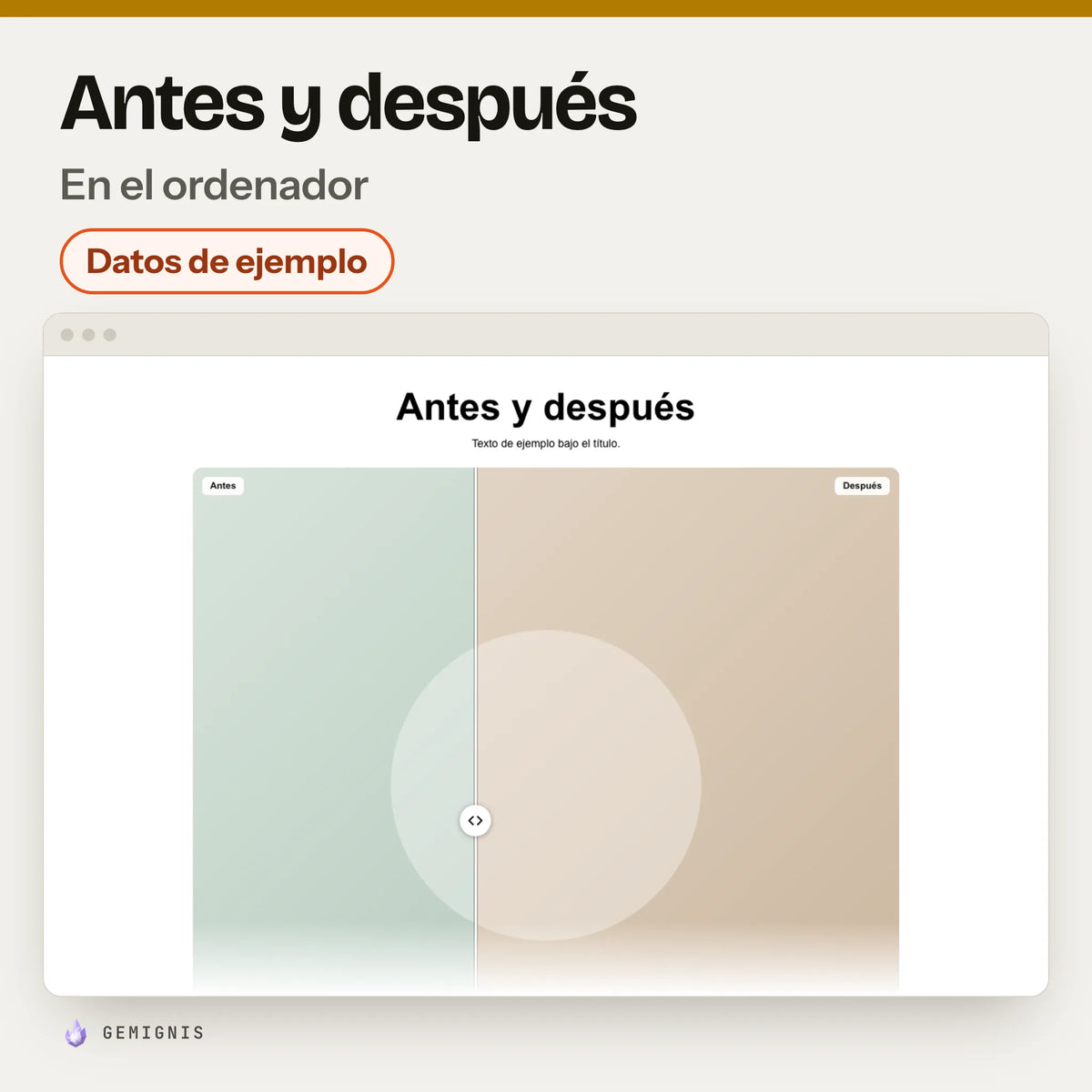 Sección antes y después en el ordenador, con la etiqueta «Datos de ejemplo»: captura del banco de pruebas (estilos de Horizon, 1280 px) con datos inventados, no de una tienda real; undefined.