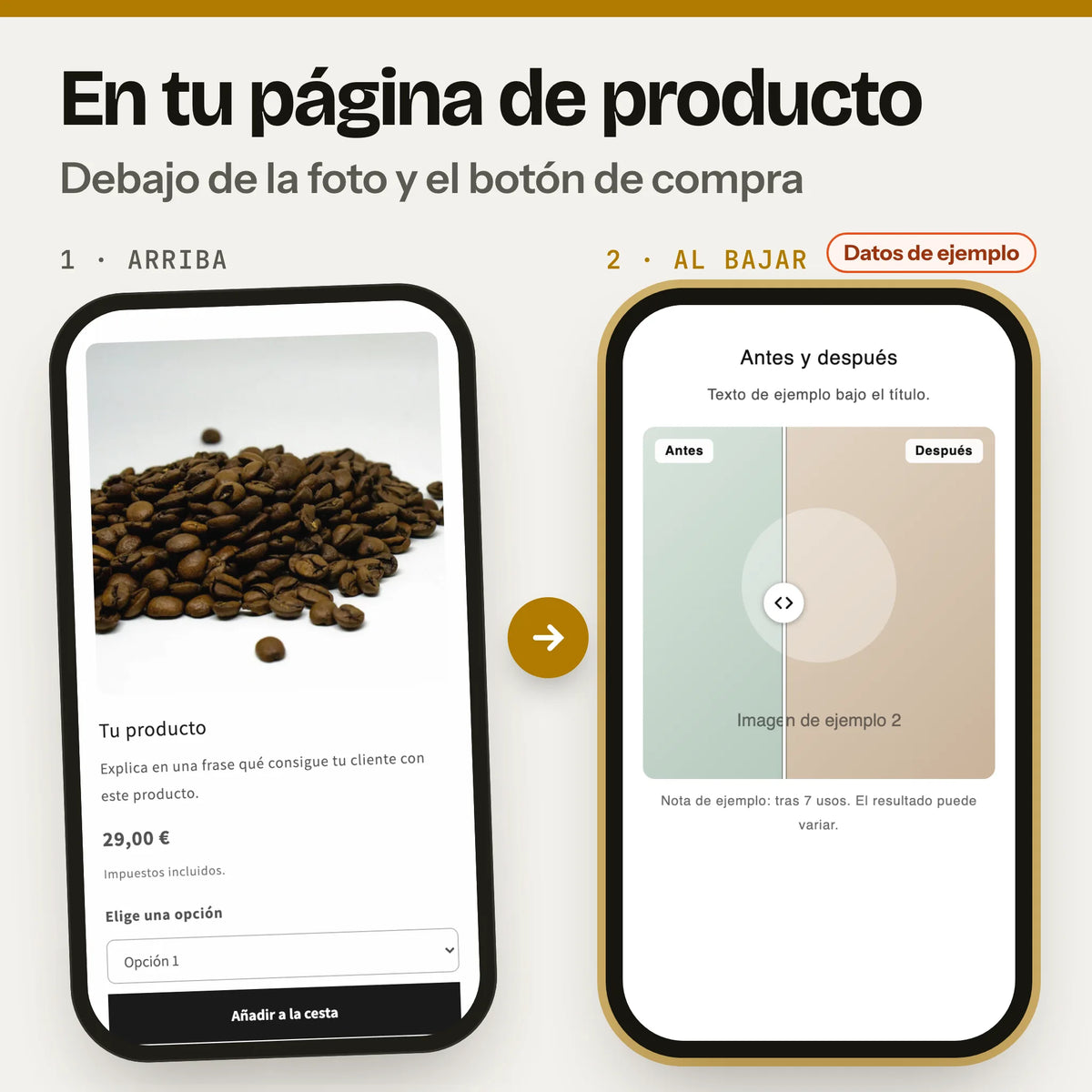 Sección antes y después en una página de producto, en el móvil: a la izquierda, la parte de arriba con la foto, el precio y el botón de compra (captura real de la Cabecera en Dawn, con foto y textos de ejemplo); a la derecha, al bajar, la sección antes y después (captura del banco de pruebas con datos de ejemplo).