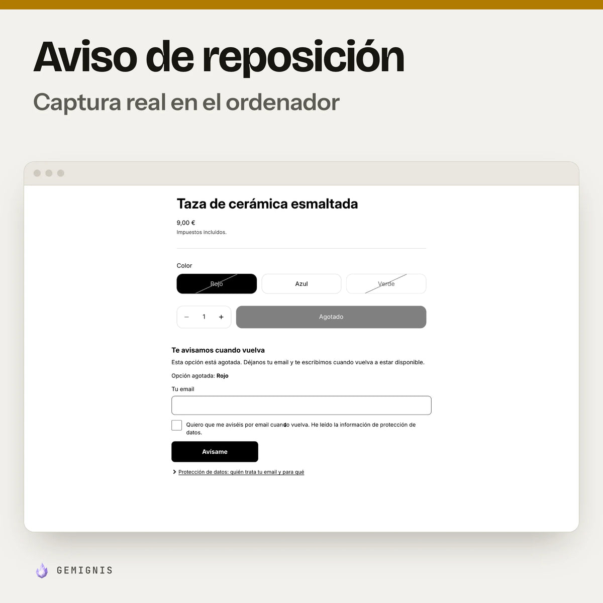 Sección de aviso de reposición en el ordenador: captura real en el tema Horizon a 1280 px de la página de producto con la variante agotada y el formulario para dejar el email y recibir un aviso cuando vuelva, con datos de ejemplo.