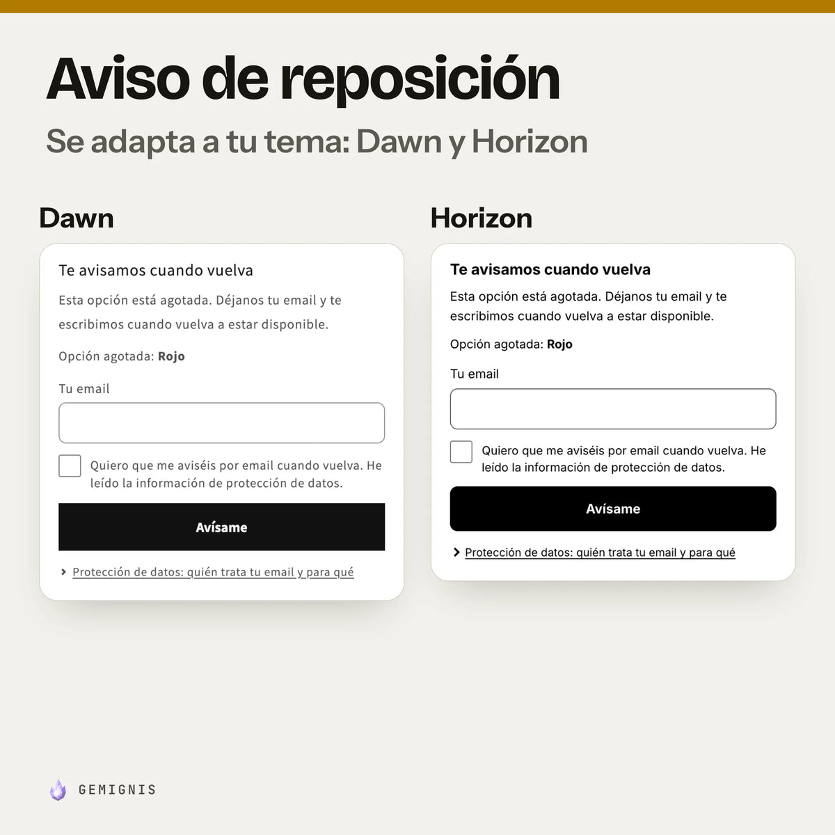 El mismo formulario de aviso de reposición en los temas Dawn y Horizon, uno al lado del otro: capturas reales en móvil que muestran cómo toma los colores y las letras de cada tema.
