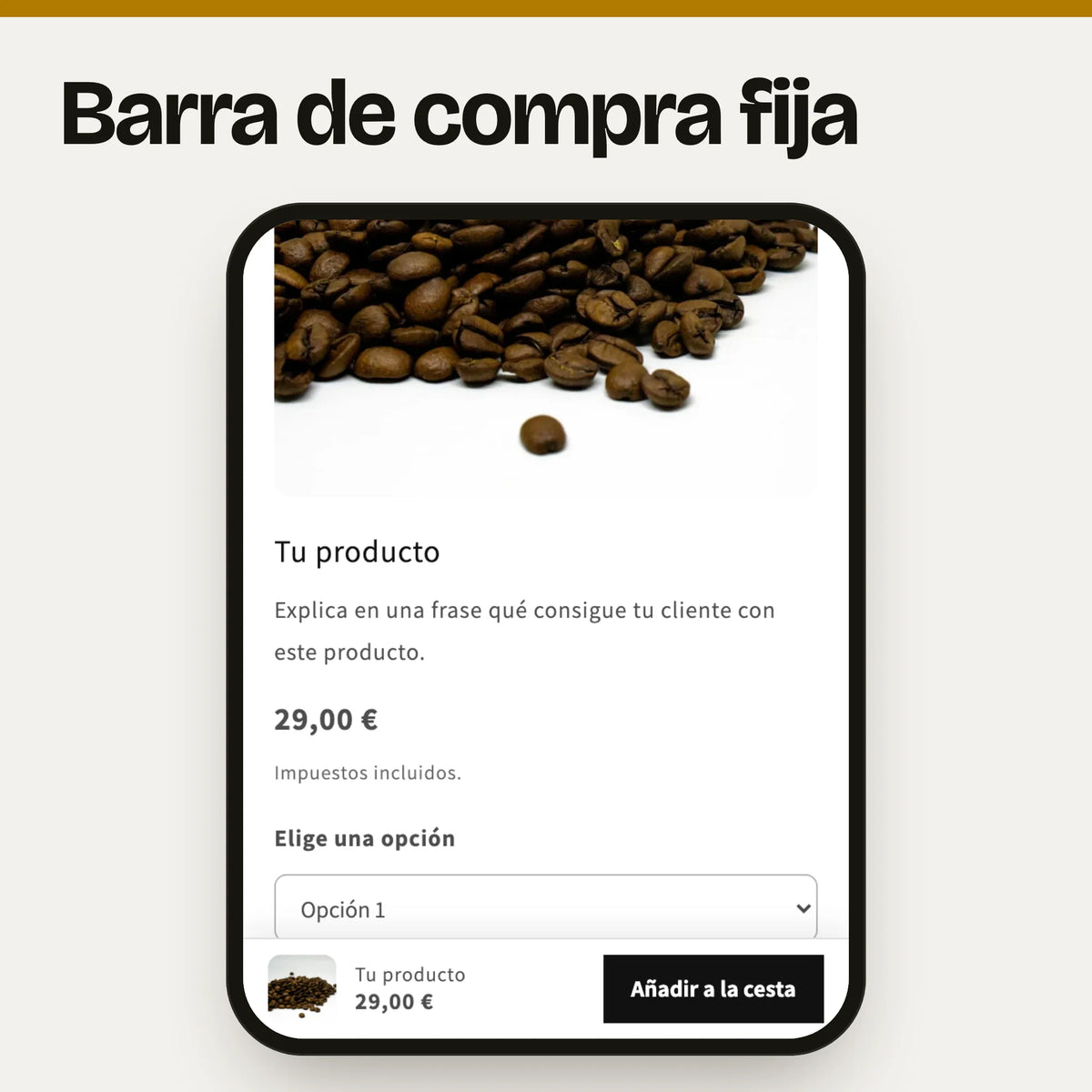 Barra de compra fija en un móvil con el tema Dawn: captura real de una página de producto sencilla (foto, nombre y precio de ejemplo) con la barra abajo, con el nombre, el precio y el botón «Añadir a la cesta».