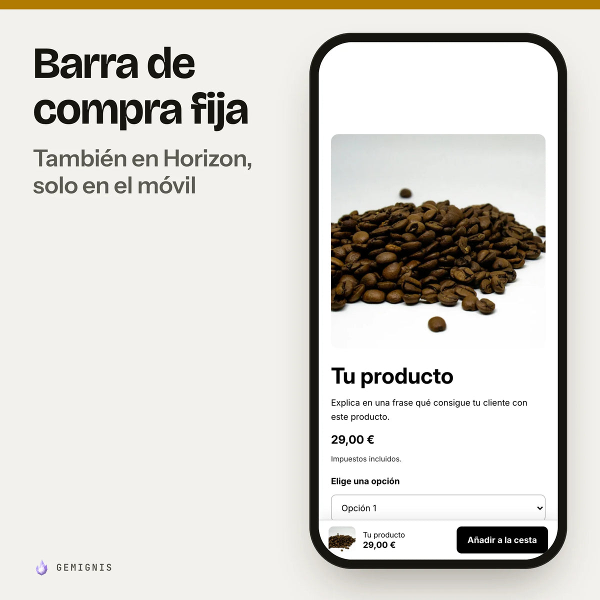 Barra de compra fija en un móvil con el tema Horizon (con la barra propia del tema apagada): captura real de una página de producto sencilla con la barra abajo.