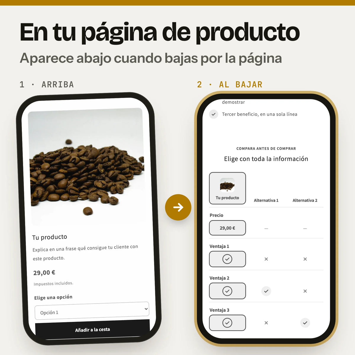 Barra de compra fija para móvil en una página de producto, en el móvil: a la izquierda, la parte de arriba con la foto, el precio y el botón de compra (captura real de la Cabecera en Dawn, con foto y textos de ejemplo); a la derecha, al bajar, la sección barra de compra fija en su sitio (captura real en Dawn).