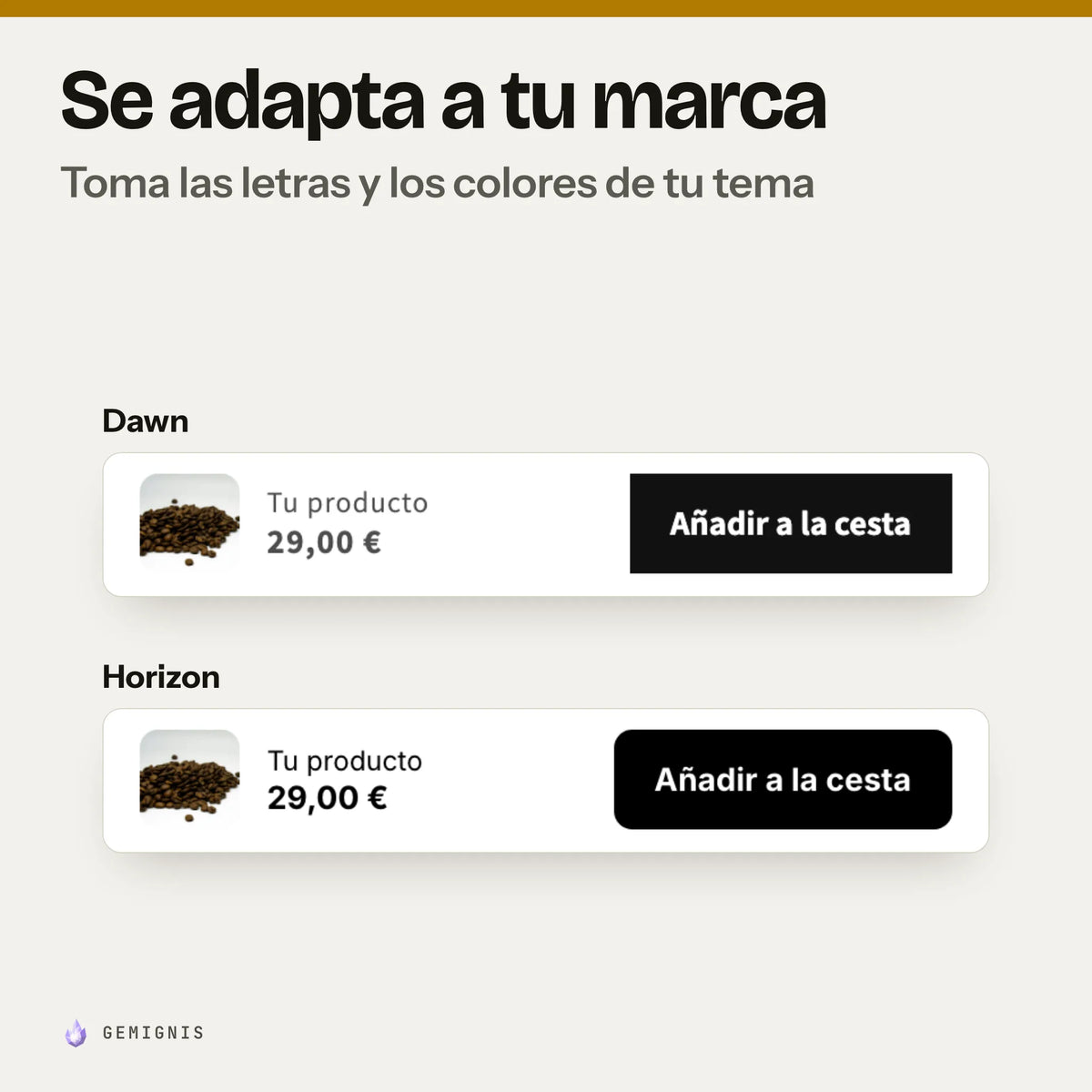Barra de compra fija para móvil en los temas Dawn y Horizon, una encima de la otra: capturas reales de la barra al pie de la pantalla del móvil, con el nombre, el precio y el botón «Añadir a la cesta», con foto y textos de ejemplo.