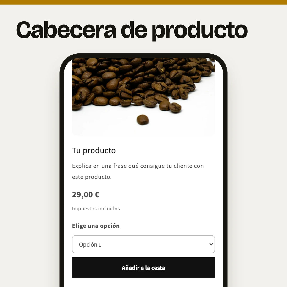Sección de cabecera de producto vista en un móvil, sola: captura real en el tema Dawn, con foto y textos de ejemplo.