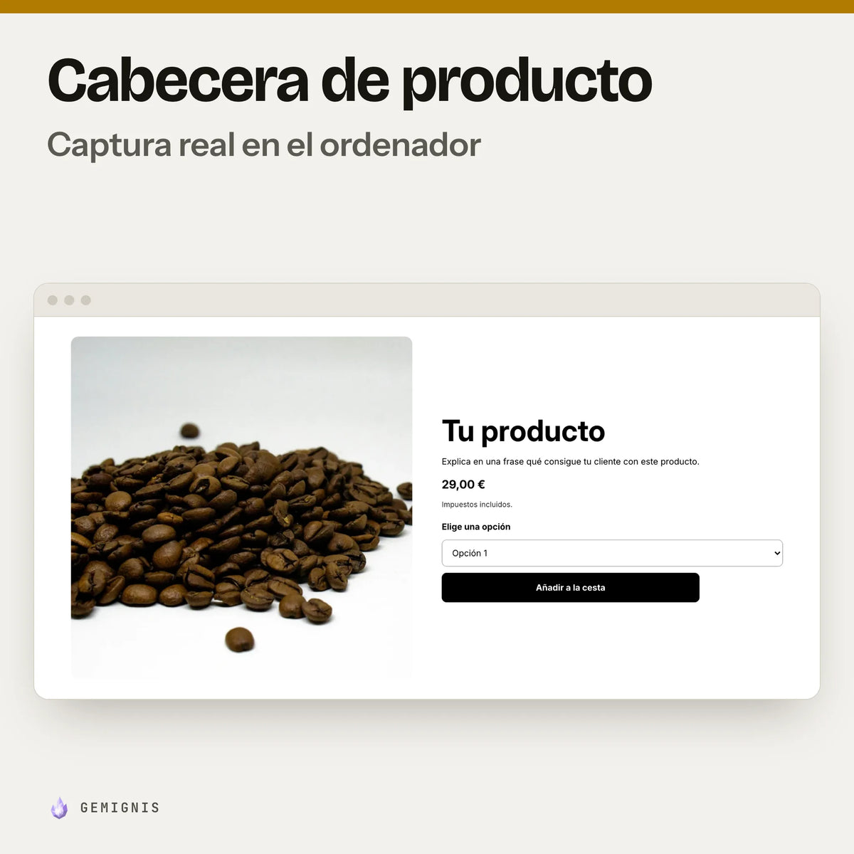 Sección de cabecera de producto en el ordenador, sola: captura real en el tema Horizon a 1280 px de ancho, con textos de ejemplo.