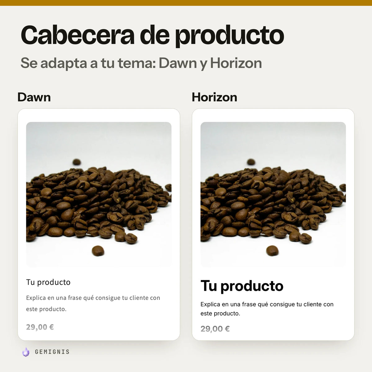 La misma sección de cabecera de producto en los temas Dawn y Horizon, una al lado de la otra: capturas reales en móvil que muestran cómo toma los colores y las letras de cada tema.