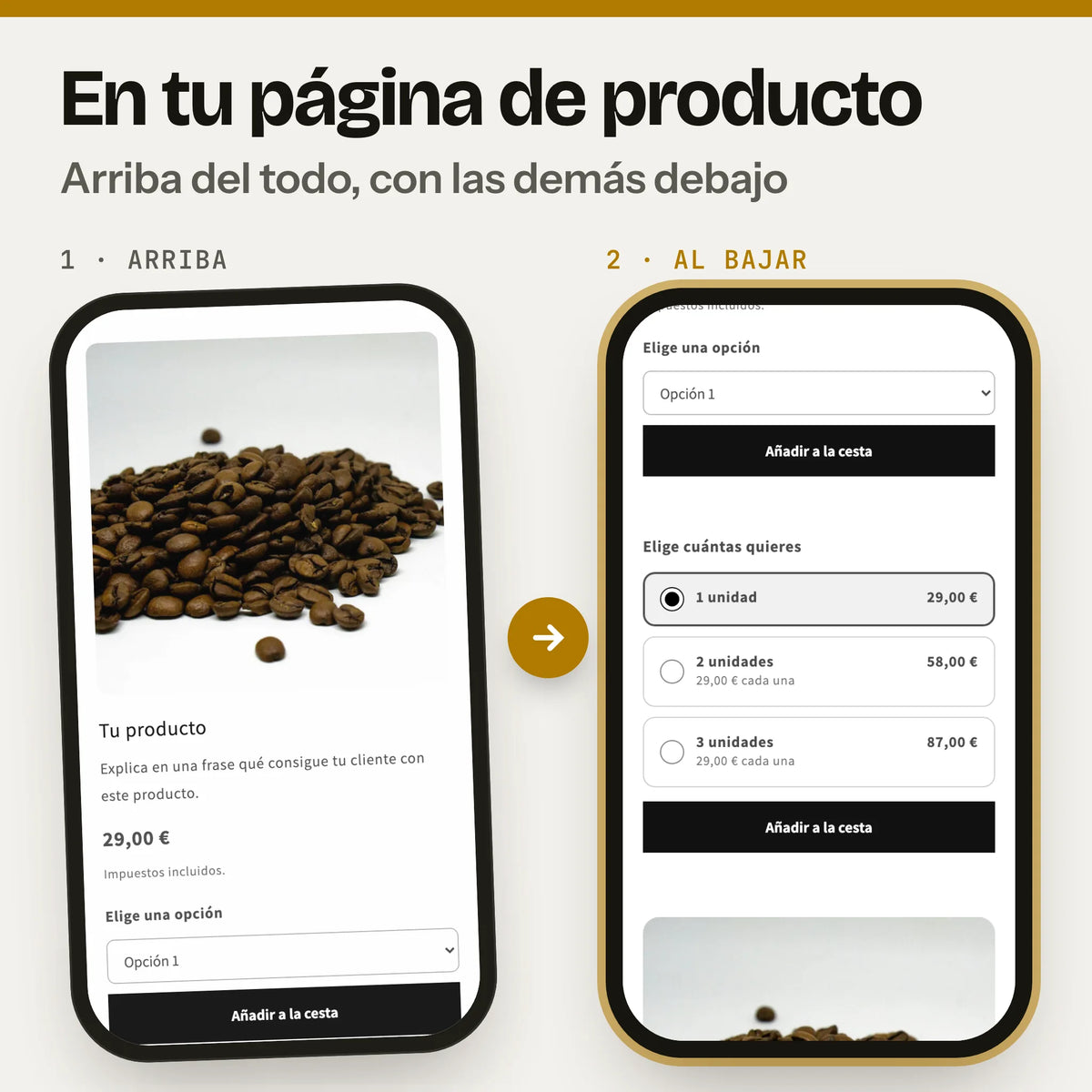 Sección de cabecera de producto en una página de producto, en el móvil: a la izquierda, la parte de arriba con la foto, el precio y el botón de compra (captura real de la Cabecera en Dawn, con foto y textos de ejemplo); a la derecha, al bajar, la sección cabecera de producto en su sitio (captura real en Dawn).