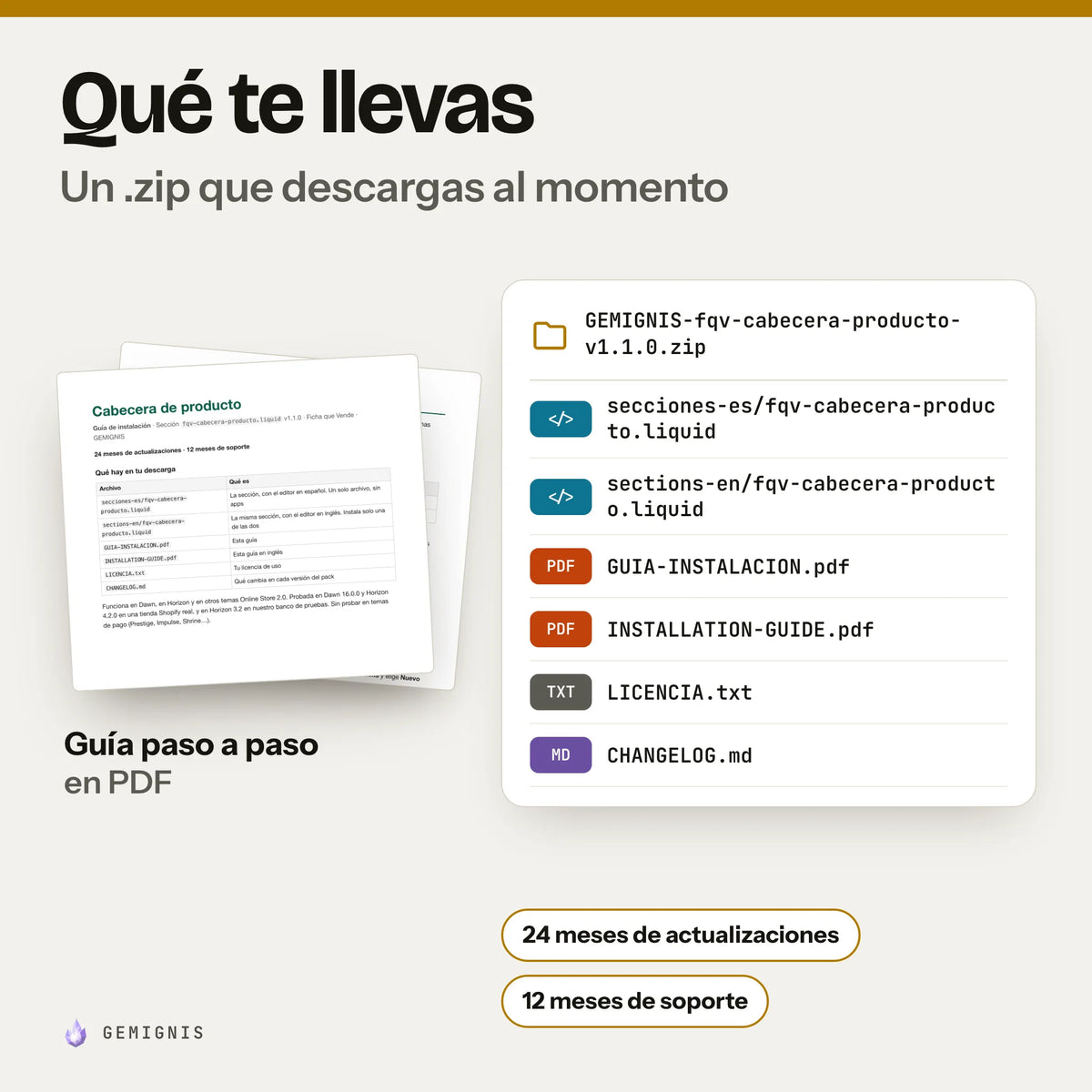 Qué te llevas con sección de cabecera de producto: un .zip que descargas al momento con secciones-es/fqv-cabecera-producto.liquid, sections-en/fqv-cabecera-producto.liquid, GUIA-INSTALACION.pdf, INSTALLATION-GUIDE.pdf, LICENCIA.txt, CHANGELOG.md; delante, la portada real de la guía de instalación en PDF. 24 meses de actualizaciones y 12 meses de soporte.