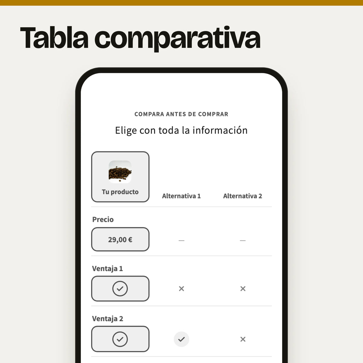 Sección de tabla comparativa vista en un móvil, sola: captura real en el tema Dawn, con foto y textos de ejemplo.