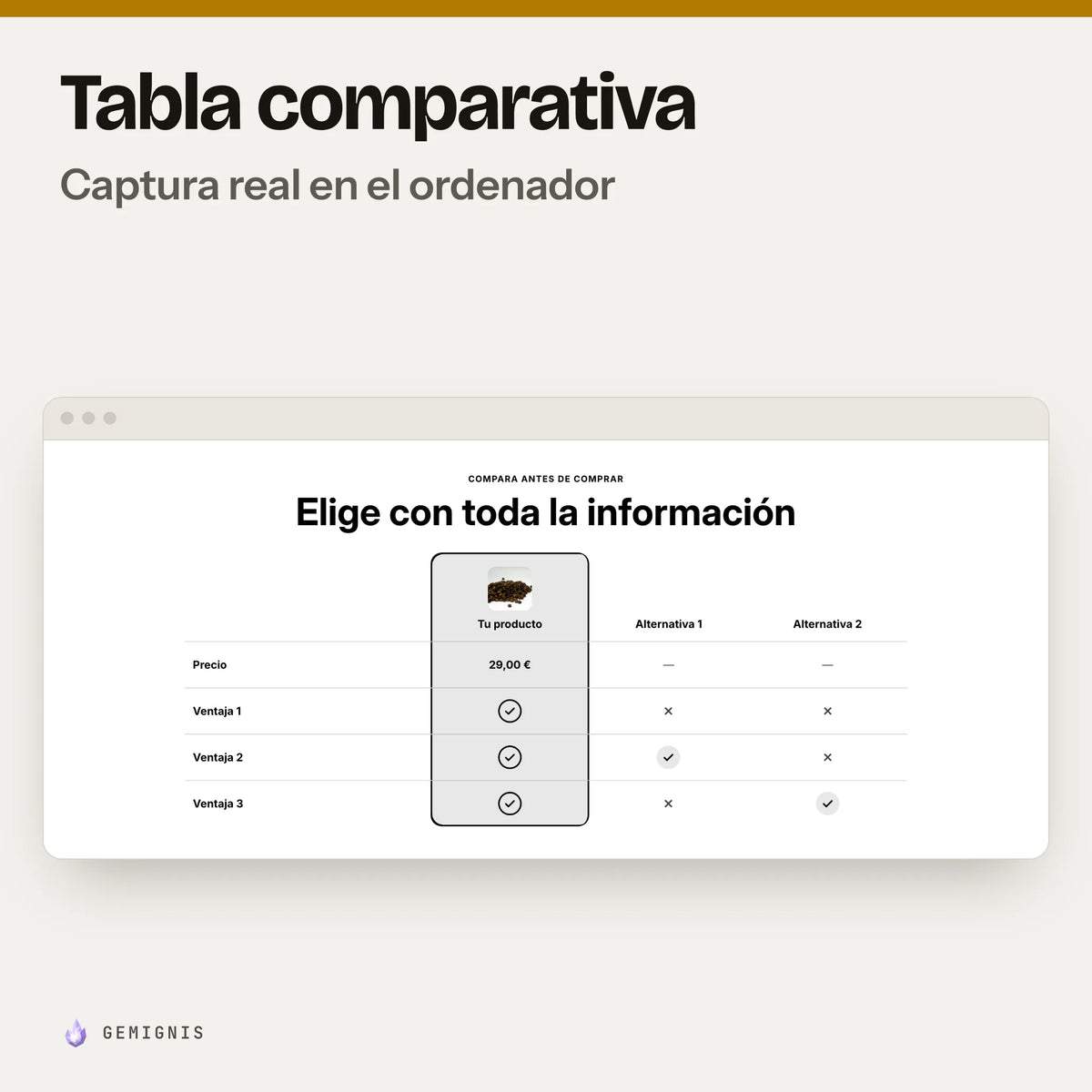Sección de tabla comparativa en el ordenador, sola: captura real en el tema Horizon a 1280 px de ancho, con textos de ejemplo.