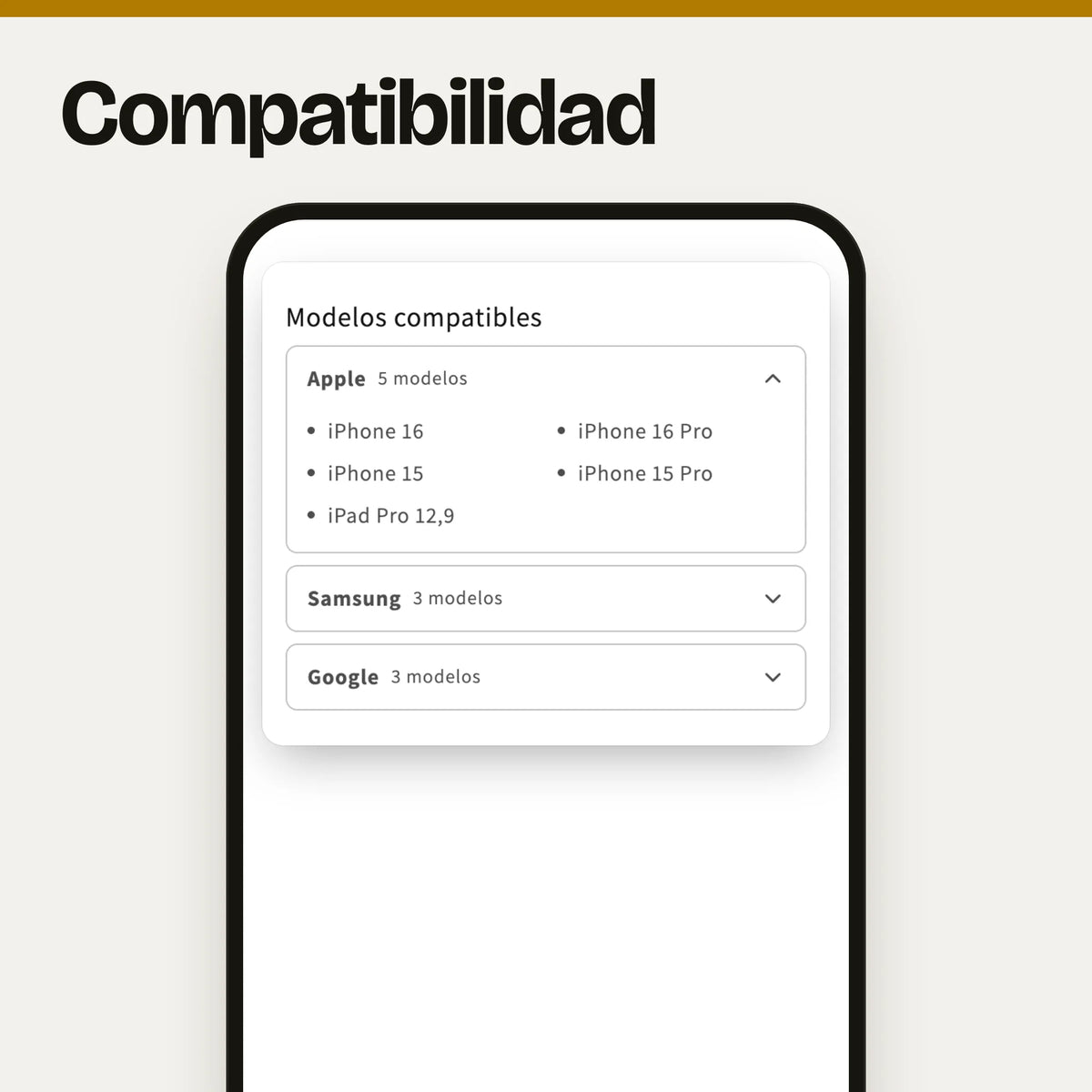 Sección «Compatibilidad» en un móvil: captura real en el tema Dawn de la página de producto de un cargador con los modelos compatibles agrupados por marca (Apple abierto con sus 5 modelos, Samsung y Google cerrados con su número de modelos), con datos de ejemplo.