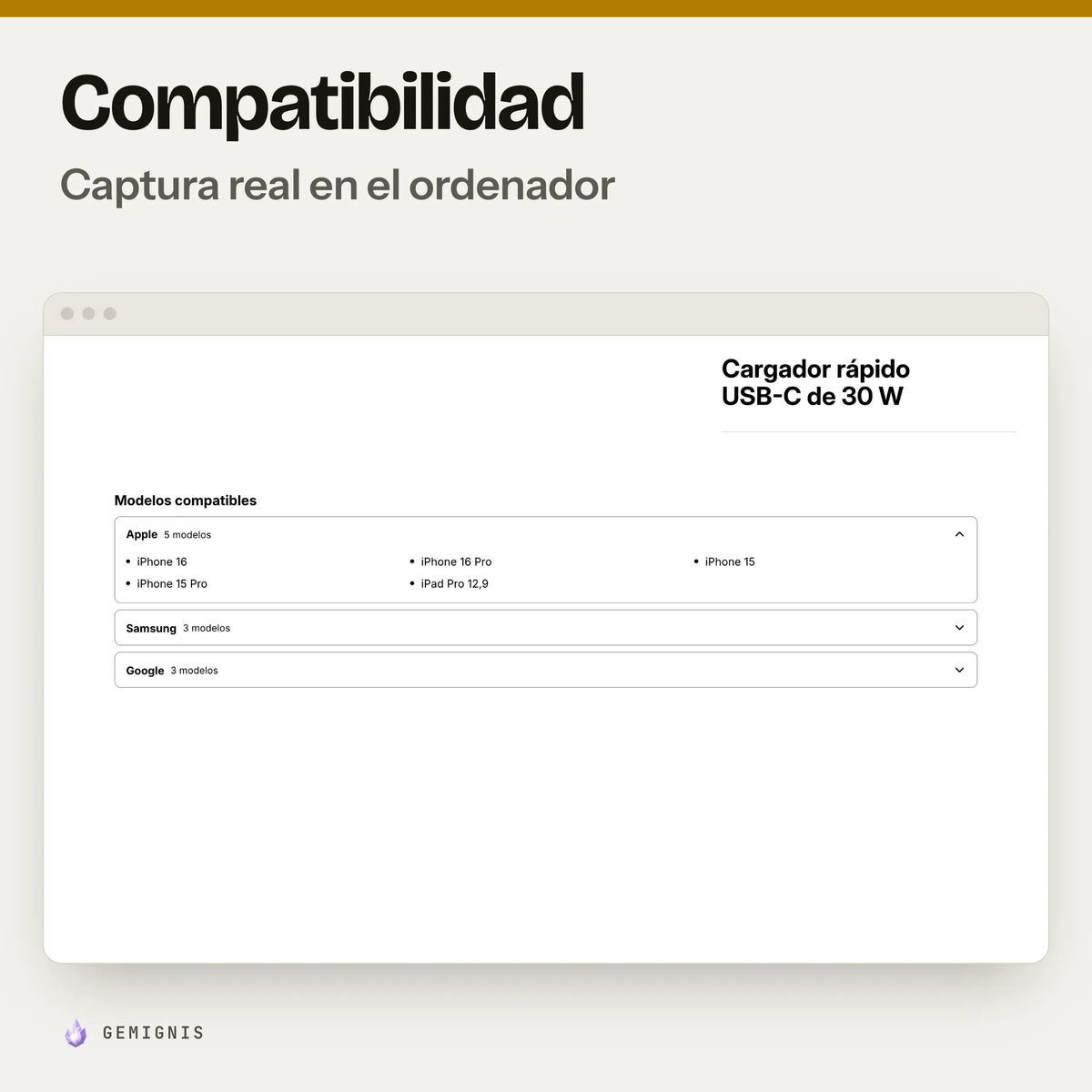 Sección «Compatibilidad» en el ordenador: captura real en el tema Horizon a 1280 px de la página de producto con los modelos compatibles agrupados por marca en grupos desplegables, con datos de ejemplo.