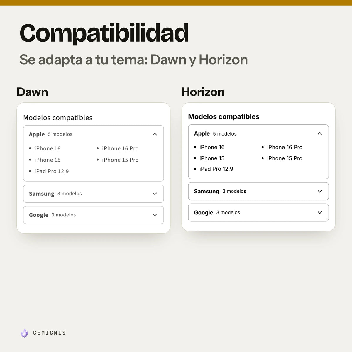 La misma lista de modelos compatibles en los temas Dawn y Horizon, una al lado de la otra: capturas reales en móvil que muestran cómo toma los colores y las letras de cada tema.