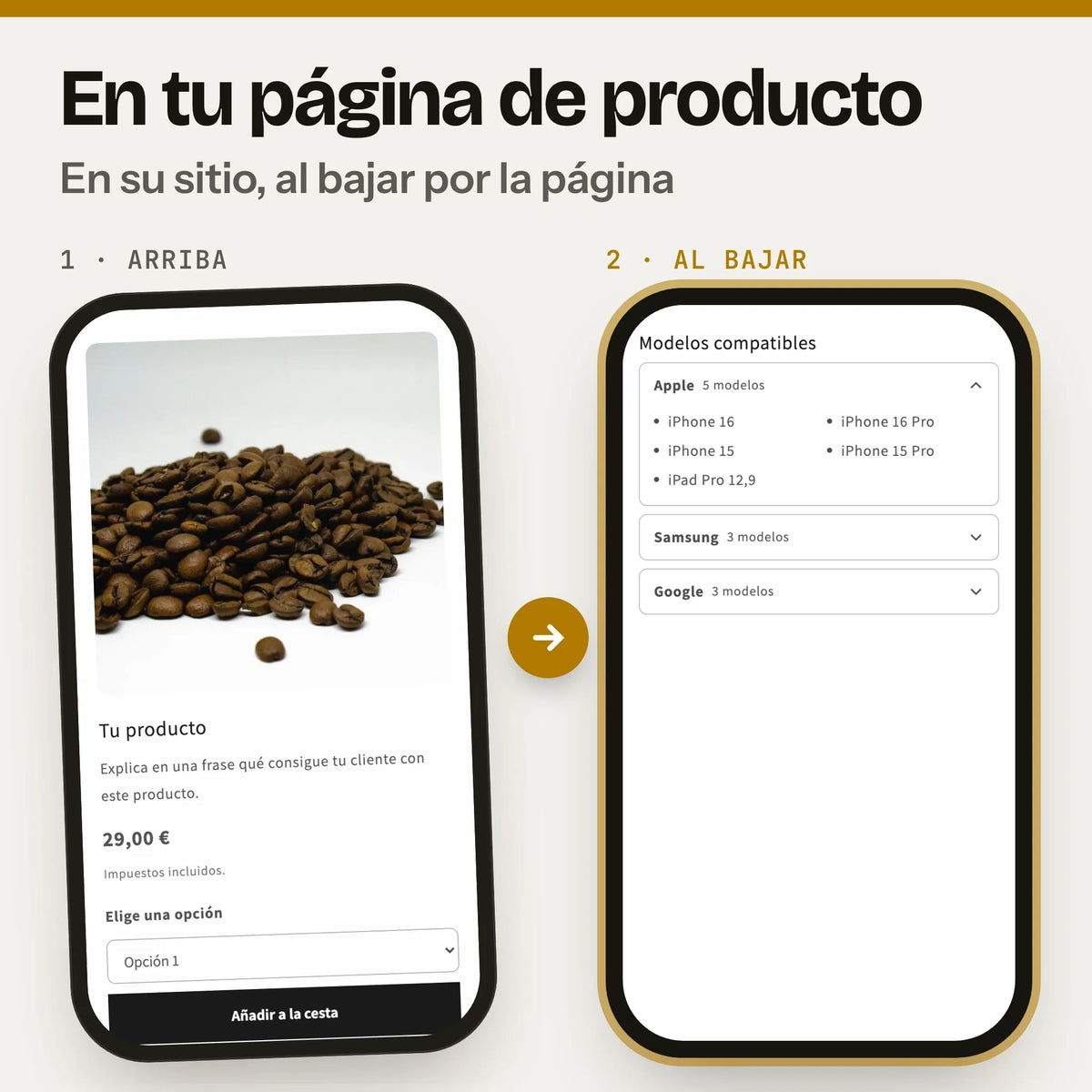 Sección de compatibilidad: con qué modelos funciona tu producto, por marca en una página de producto, en el móvil: a la izquierda, la parte de arriba con la foto, el precio y el botón de compra (captura real de la Cabecera en Dawn, con foto y textos de ejemplo); a la derecha, al bajar, la sección compatibilidad (captura real en Dawn, con textos de ejemplo).