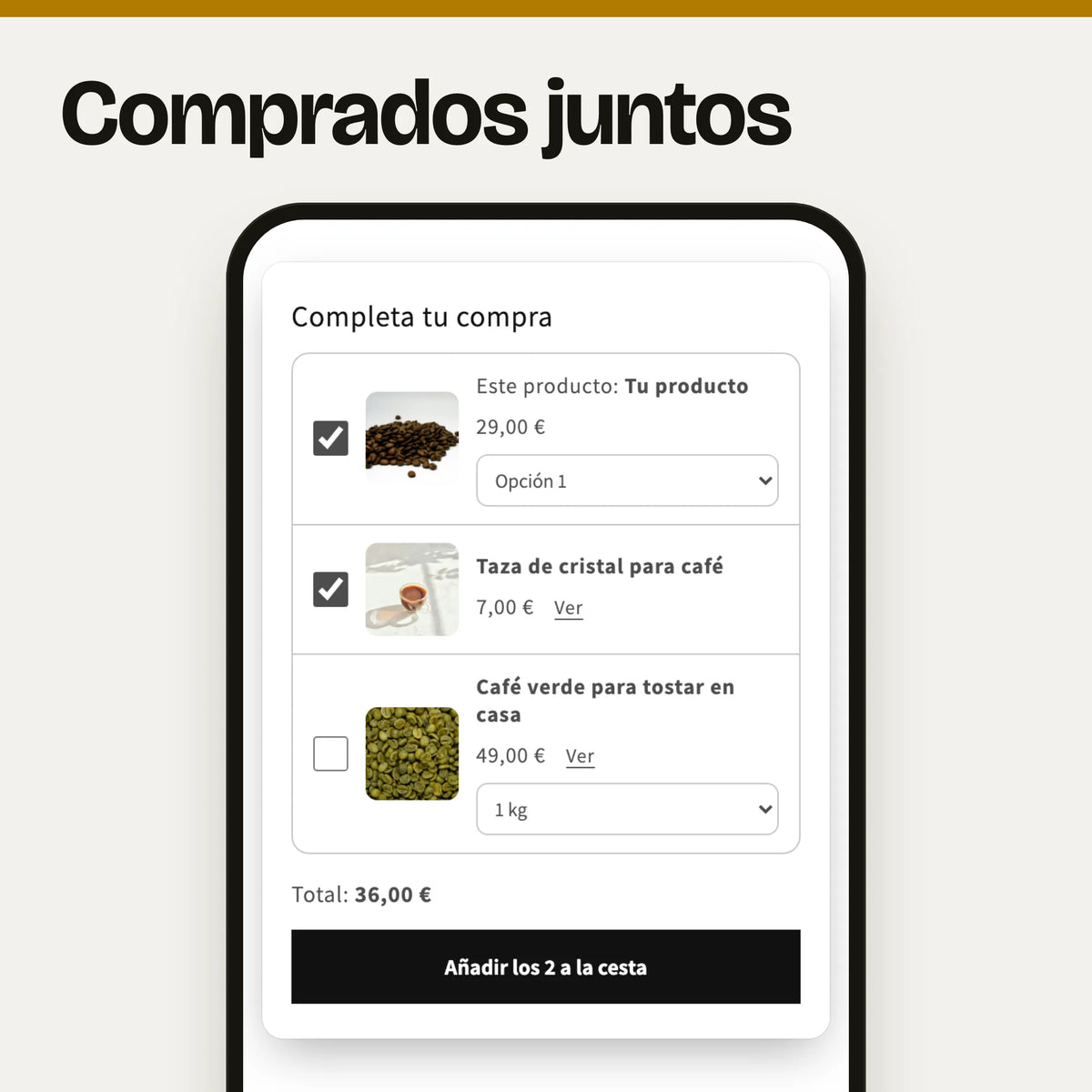 Sección de comprados juntos en un móvil: captura real en el tema Dawn de la lista «Completa tu compra» en la página de producto, con el producto y dos complementos, cada uno con su casilla, foto y precio, el total de lo marcado y el botón «Añadir los 2 a la cesta», con datos de ejemplo.