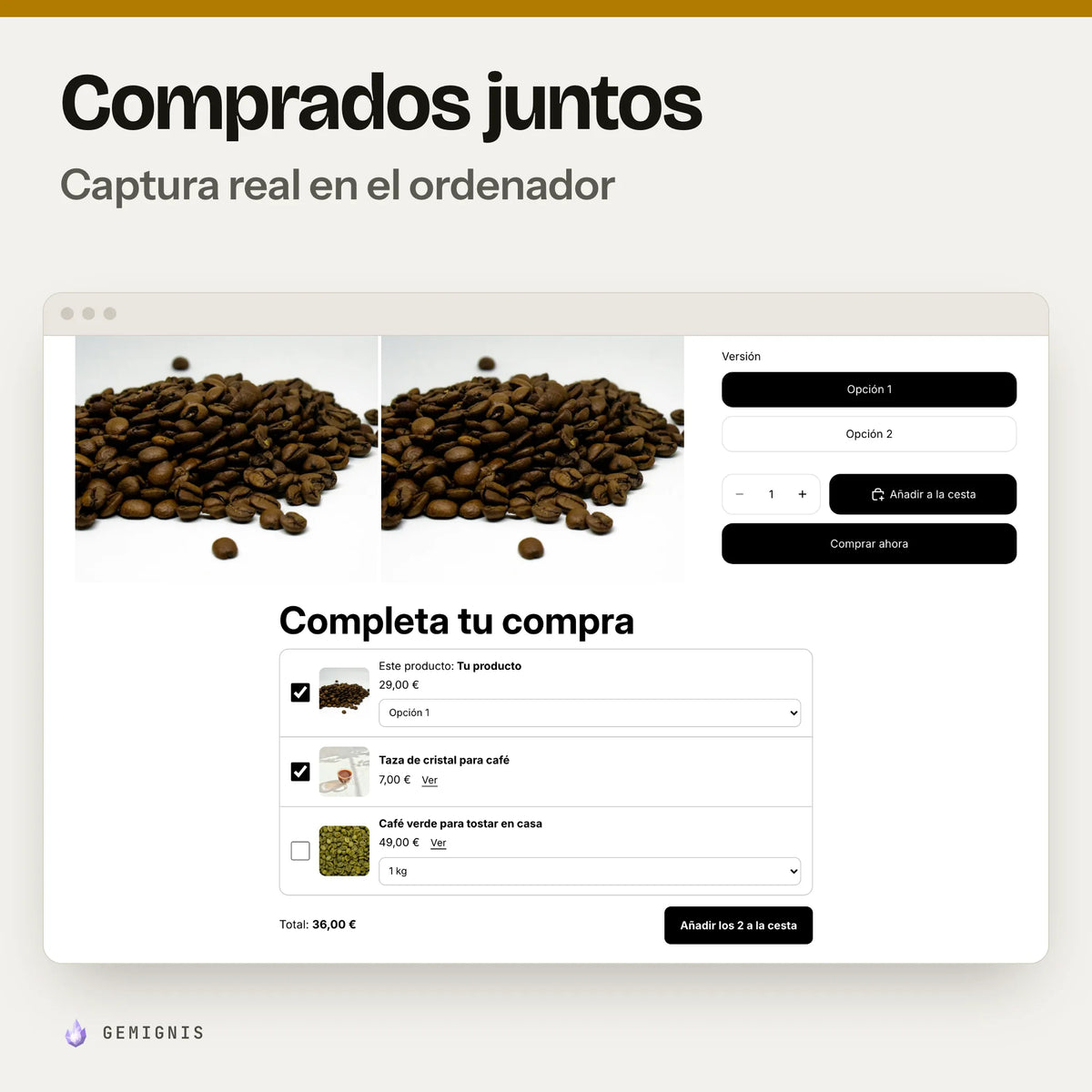 Sección de comprados juntos en el ordenador: captura real en el tema Horizon a 1280 px de la página de producto con la lista de complementos, sus casillas, el total y el botón para añadirlos a la cesta de una vez, con datos de ejemplo.