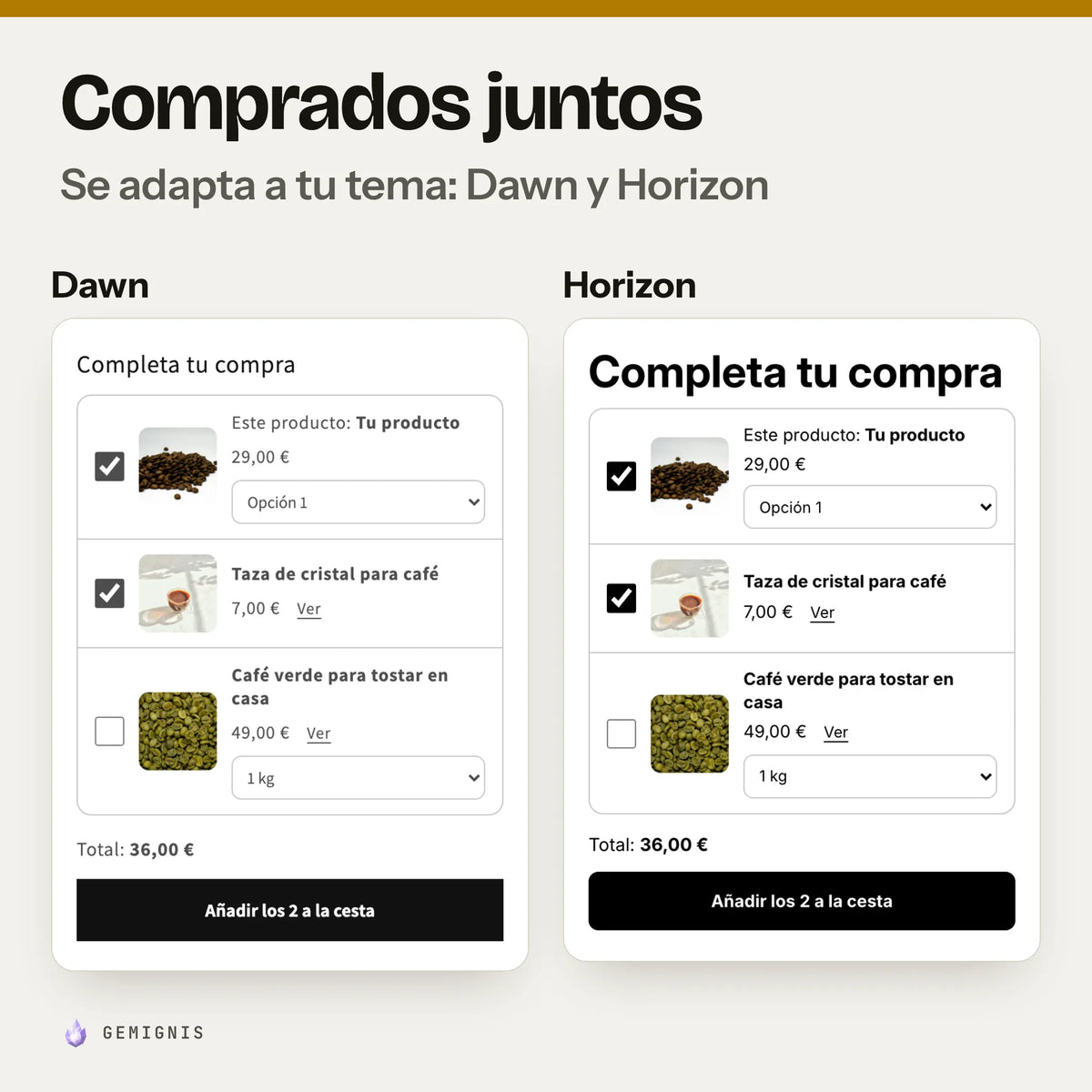 La misma sección de comprados juntos en los temas Dawn y Horizon, una al lado de la otra: capturas reales en móvil de las casillas, el total y el botón, que toman los colores y las letras de cada tema.