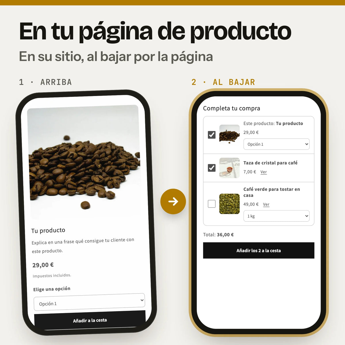 Sección de comprados juntos en una página de producto, en el móvil: a la izquierda, la parte de arriba con la foto, el precio y el botón de compra (captura real de la Cabecera en Dawn, con foto y textos de ejemplo); a la derecha, al bajar, la sección comprados juntos (captura real en Dawn, con textos de ejemplo).