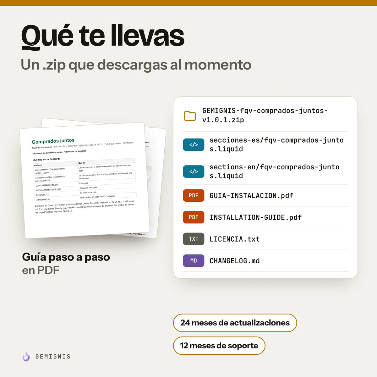 Qué te llevas con sección de comprados juntos: un .zip que descargas al momento con secciones-es/fqv-comprados-juntos.liquid, sections-en/fqv-comprados-juntos.liquid, GUIA-INSTALACION.pdf, INSTALLATION-GUIDE.pdf, LICENCIA.txt, CHANGELOG.md; delante, la portada real de la guía de instalación en PDF. 24 meses de actualizaciones y 12 meses de soporte.