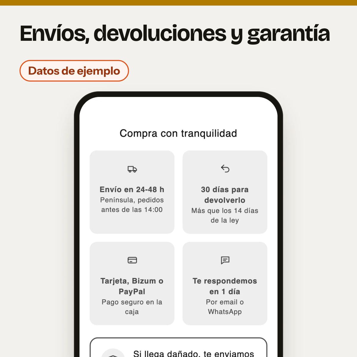 Envíos, devoluciones y garantía en un móvil, con la etiqueta «Datos de ejemplo»: captura del banco de pruebas (estilos de Dawn) con plazos y garantías inventados; cada tienda escribe los suyos.