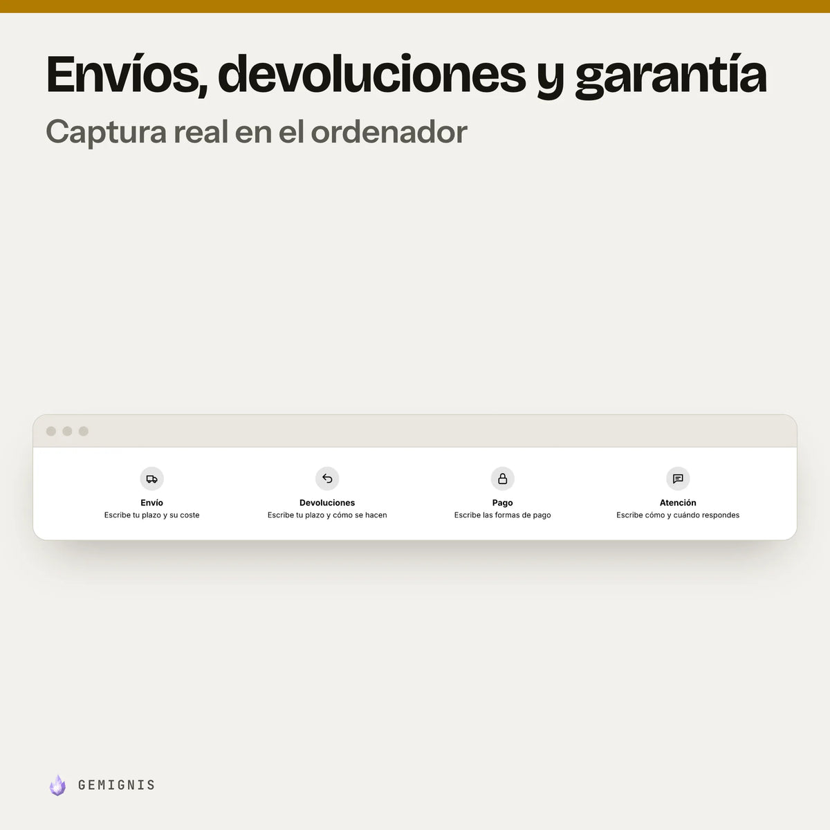 Sección de envíos, devoluciones y garantía en el ordenador, sola: captura real en el tema Horizon a 1280 px de ancho, con textos de ejemplo.