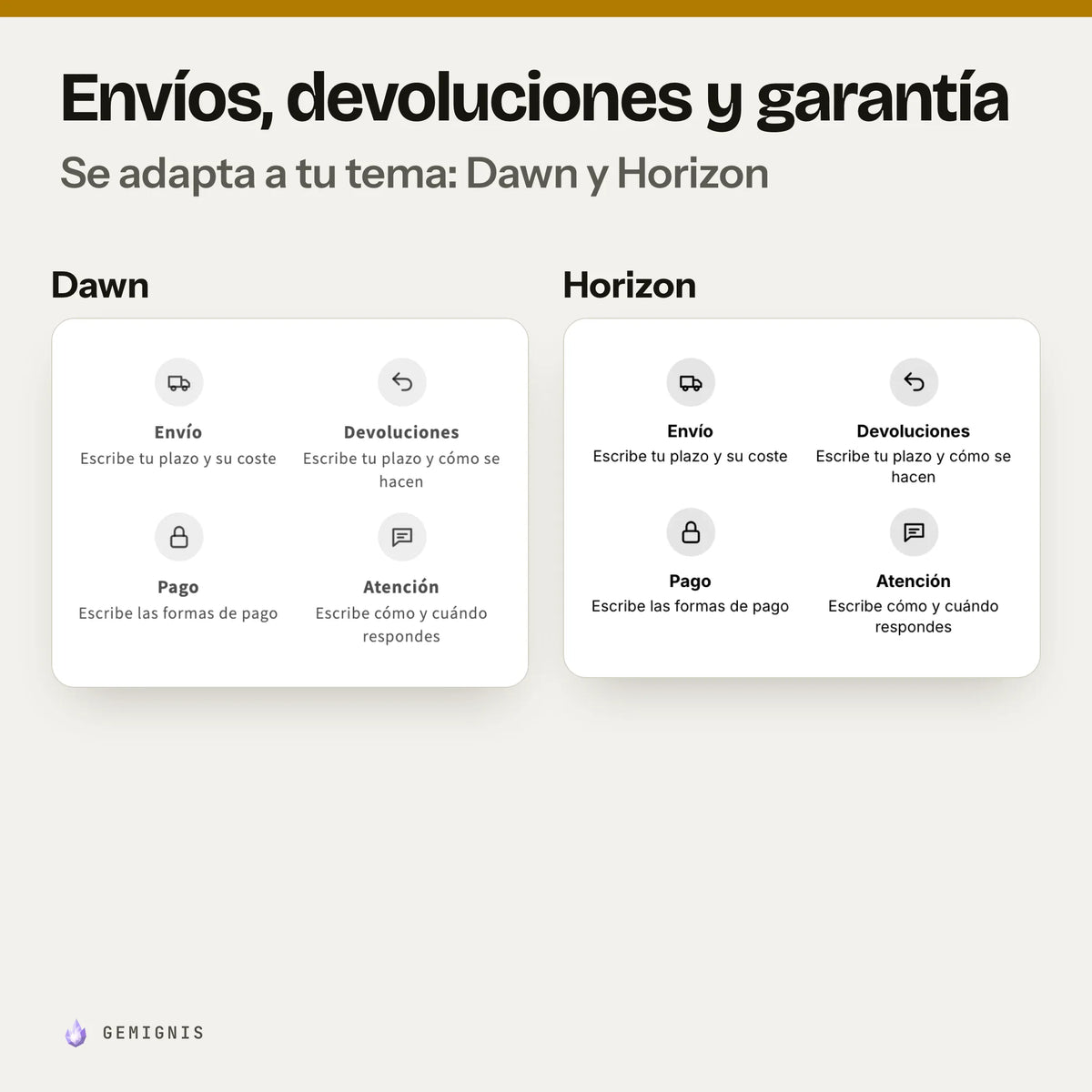 La misma sección de envíos, devoluciones y garantía en los temas Dawn y Horizon, una al lado de la otra: capturas reales en móvil que muestran cómo toma los colores y las letras de cada tema.