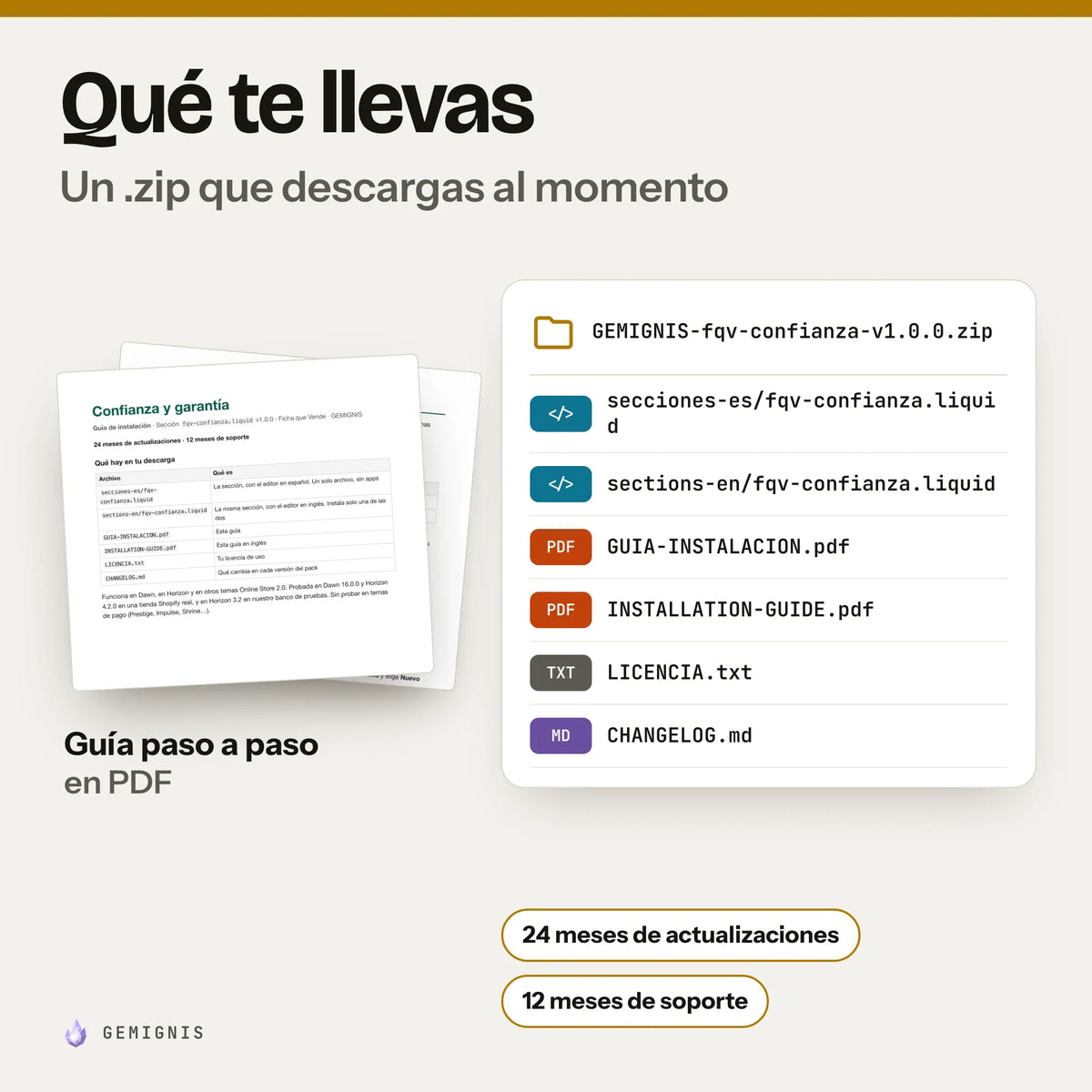 Qué te llevas con sección de envíos, devoluciones y garantía: un .zip que descargas al momento con secciones-es/fqv-confianza.liquid, sections-en/fqv-confianza.liquid, GUIA-INSTALACION.pdf, INSTALLATION-GUIDE.pdf, LICENCIA.txt, CHANGELOG.md; delante, la portada real de la guía de instalación en PDF. 24 meses de actualizaciones y 12 meses de soporte.