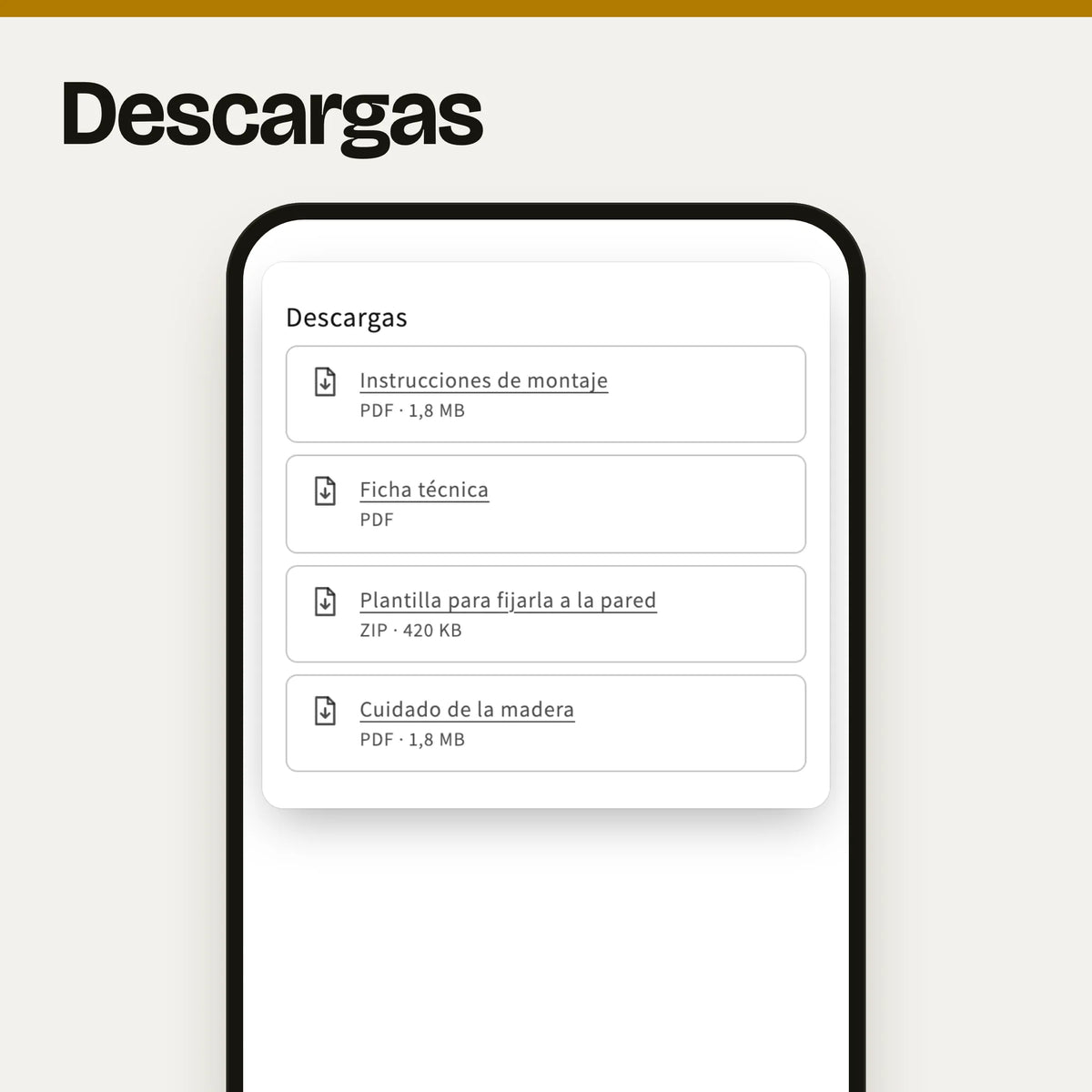 Sección «Descargas» en un móvil: captura real en el tema Dawn de la página de producto de una cómoda con la lista de archivos para descargar (instrucciones de montaje, ficha técnica, plantilla y cuidado de la madera), cada uno con su tipo y su tamaño, con datos de ejemplo.