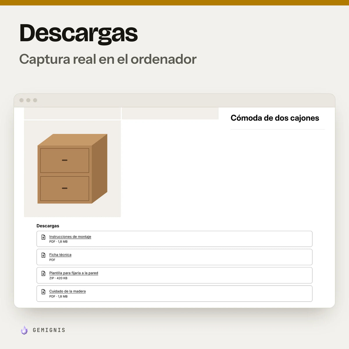 Sección «Descargas» en el ordenador: captura real en el tema Horizon a 1280 px de la página de producto con la lista de archivos para descargar, con el tipo y el tamaño de cada uno, con datos de ejemplo.