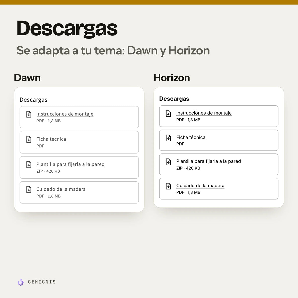 La misma lista de descargas en los temas Dawn y Horizon, una al lado de la otra: capturas reales en móvil que muestran cómo toma los colores y las letras de cada tema.