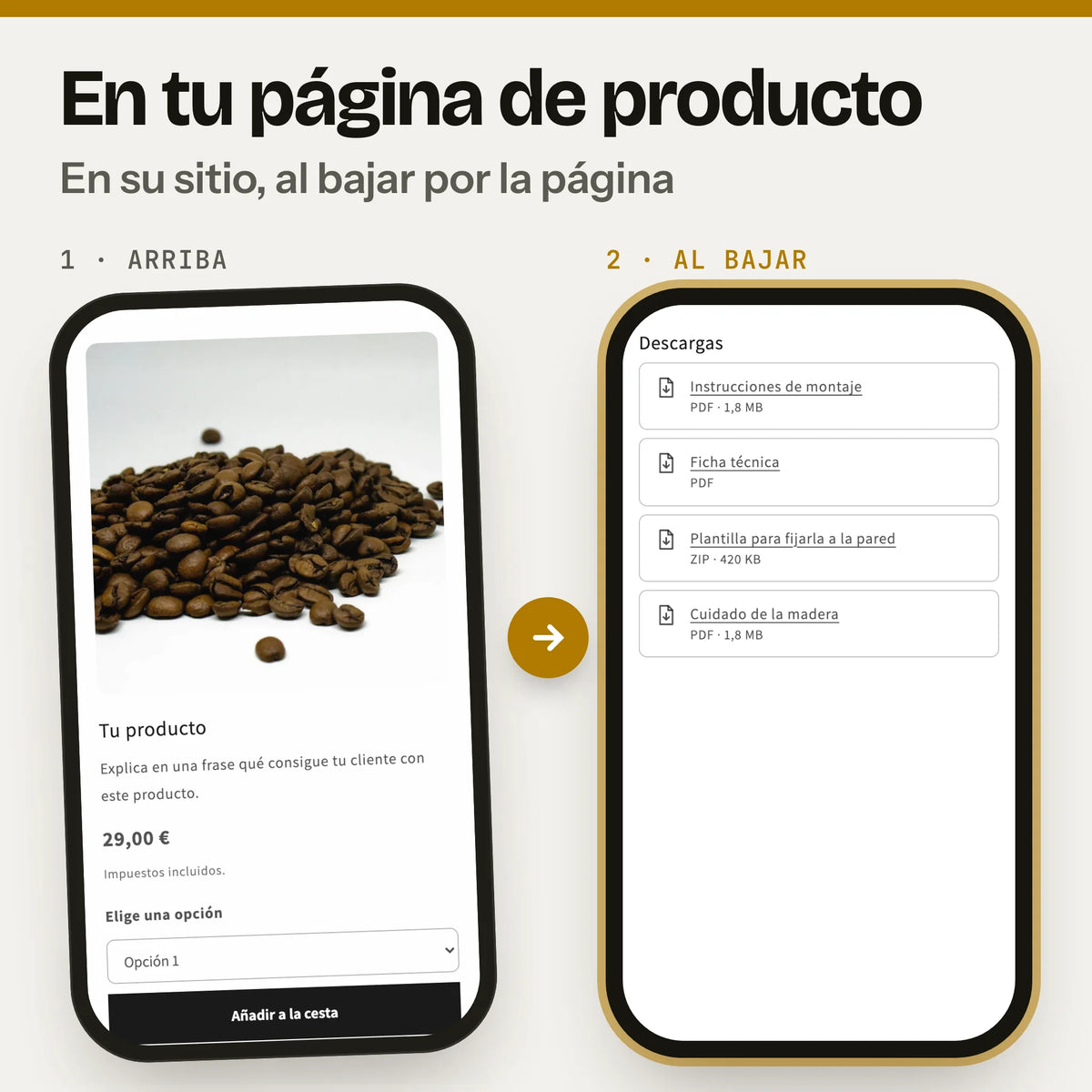 Sección de descargas: manuales y fichas técnicas con su tipo y tamaño en una página de producto, en el móvil: a la izquierda, la parte de arriba con la foto, el precio y el botón de compra (captura real de la Cabecera en Dawn, con foto y textos de ejemplo); a la derecha, al bajar, la sección descargas (captura real en Dawn, con textos de ejemplo).