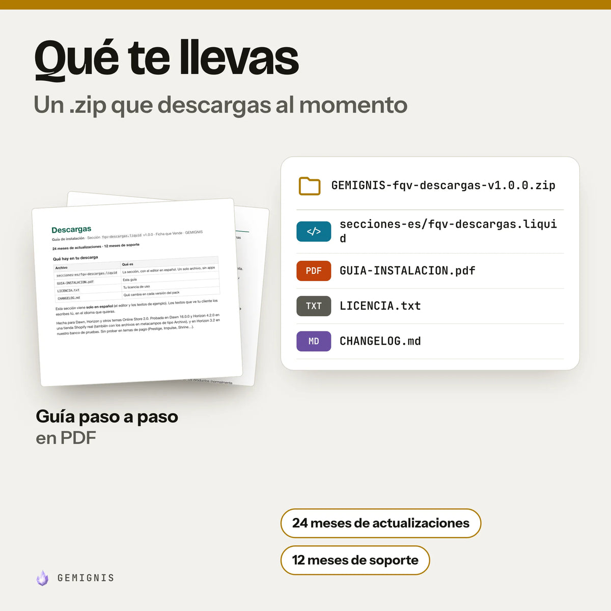 Qué te llevas con sección de descargas: manuales y fichas técnicas con su tipo y tamaño: un .zip que descargas al momento con secciones-es/fqv-descargas.liquid, GUIA-INSTALACION.pdf, LICENCIA.txt, CHANGELOG.md; delante, la portada real de la guía de instalación en PDF. 24 meses de actualizaciones y 12 meses de soporte.