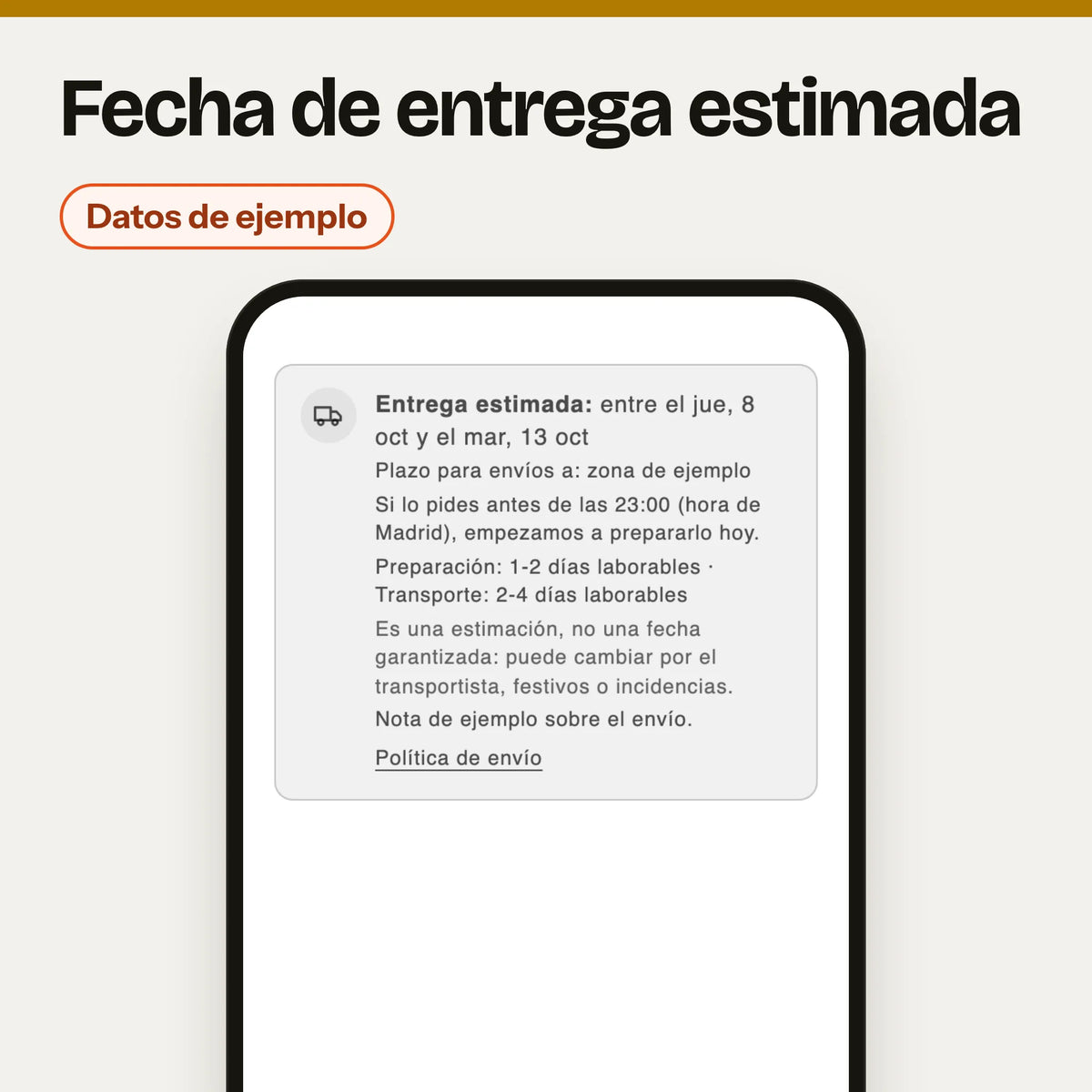 Sección de fecha de entrega estimada en un móvil, con la etiqueta «Datos de ejemplo»: captura del banco de pruebas (estilos de Dawn) con datos inventados, no de una tienda real; en la tienda solo se ve en productos con envío y con los plazos activados.