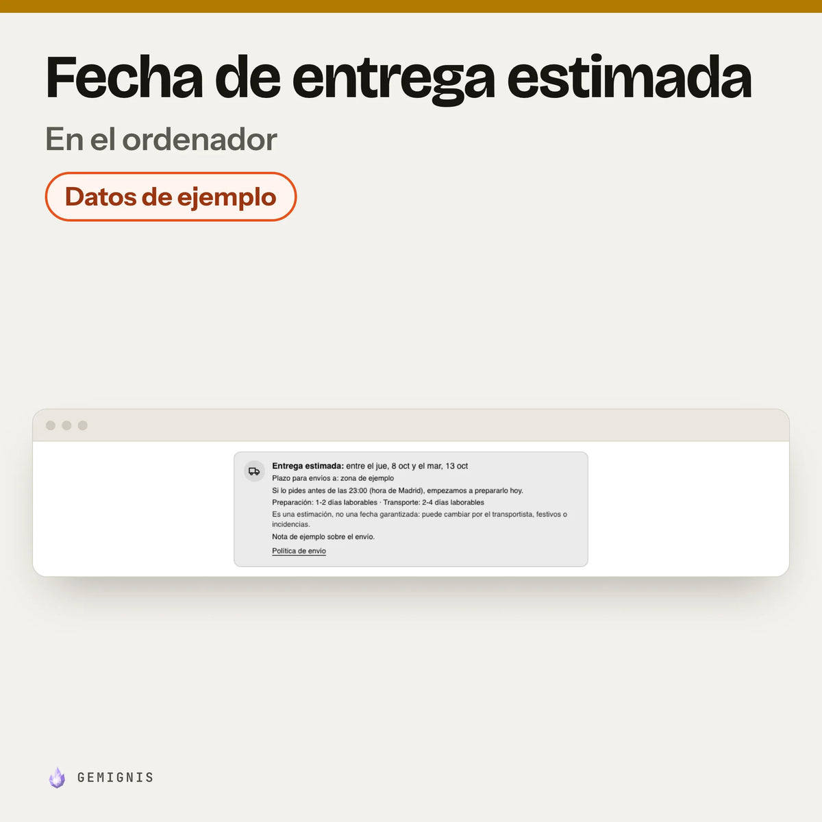 Sección de fecha de entrega estimada en el ordenador, con la etiqueta «Datos de ejemplo»: captura del banco de pruebas (estilos de Horizon, 1280 px) con datos inventados, no de una tienda real; en la tienda solo se ve en productos con envío y con los plazos activados.